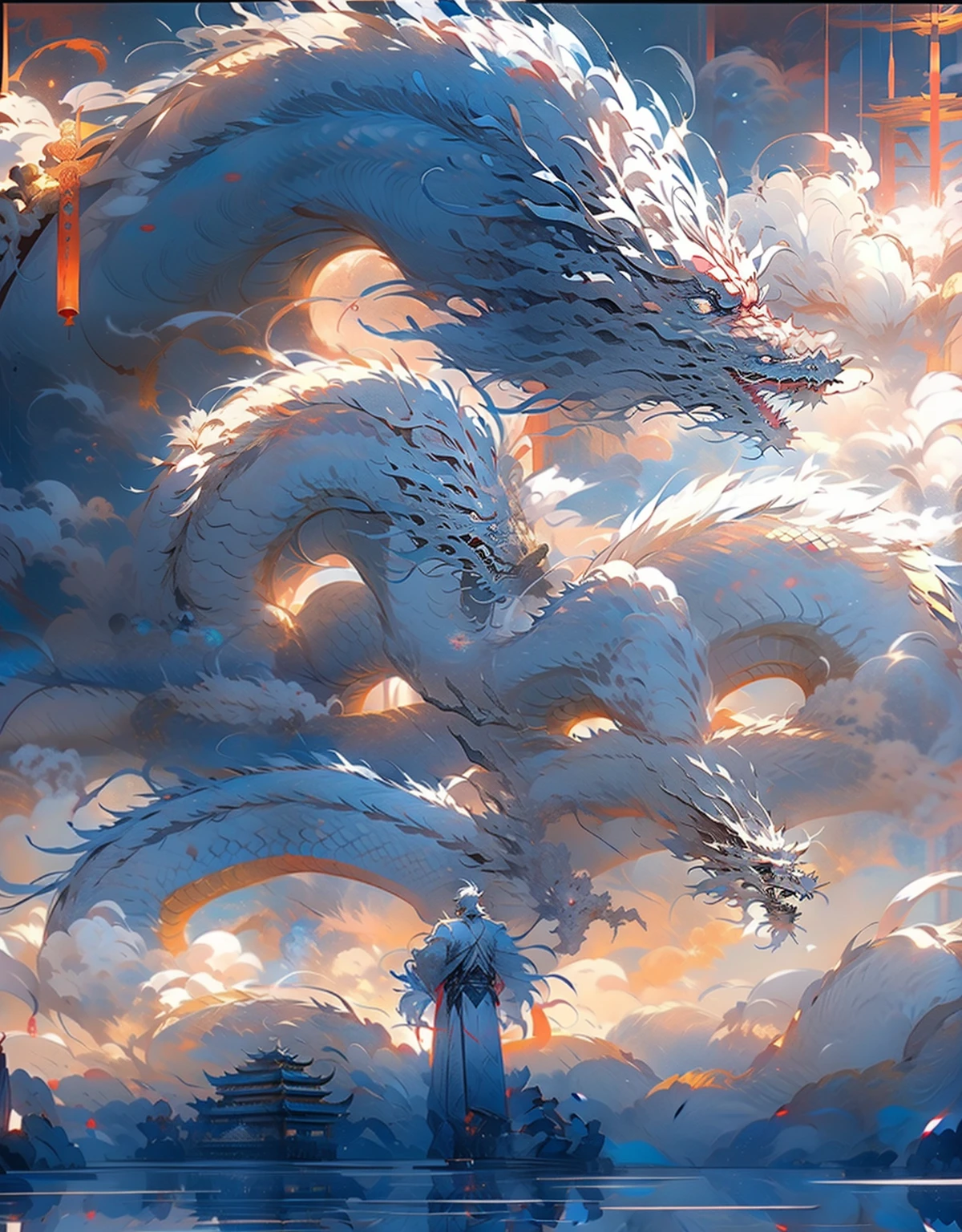 (((Crystal White Dragon))),chinesedragon,(((Behind him is a huge Chinese dragon))),Man with amazing figure,(((silber hair))) Redness of the eyes , Wear antique clothes,Leaking shoulders,jewely,Amazing work,Vitreous luster,clean backdrop,high brightness,Sparkly Colors,diamonds,cyan colors,colors red , Sample legs, Magic flows from your body