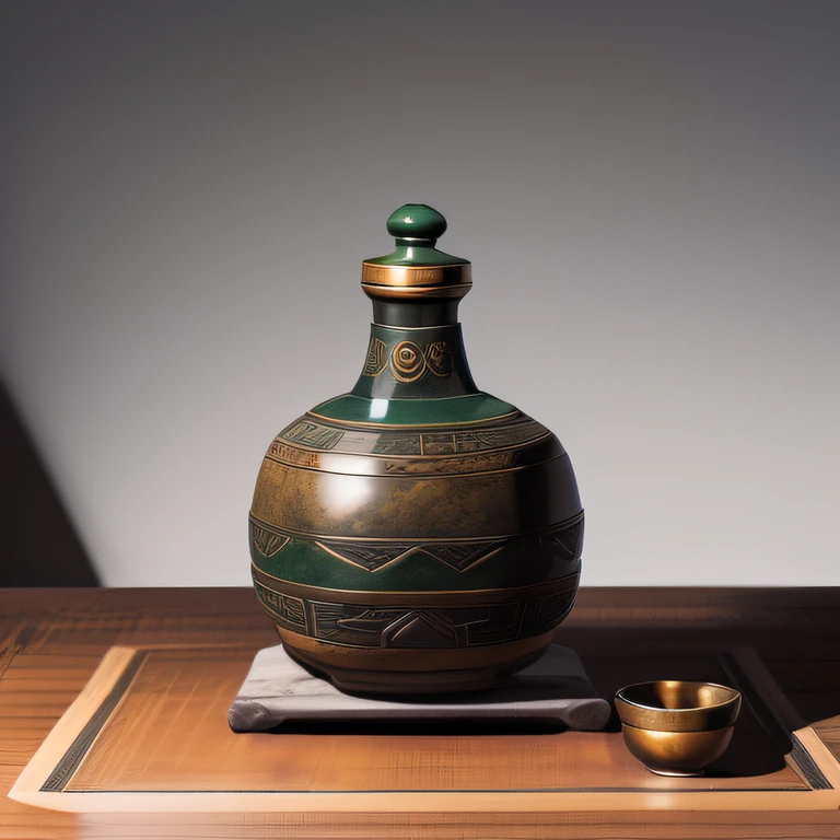 Antique artifacts，The bottle is placed on a boxwood table，Total height 28 cm，There is a lid on it，The buckle is tight，This copper, Bronze bottle in white gold，It resembles a copper cleaning bottle unearthed by the shrine monk Tataki，It can be concluded that it is a relic of the Tang Dynasty，Blue and white inlay，Complete set of work officer kiln, Full branching mode, No text，Forged hammer pattern，Has a small belly，oguchi，sedate，massiness，Shiny and warm