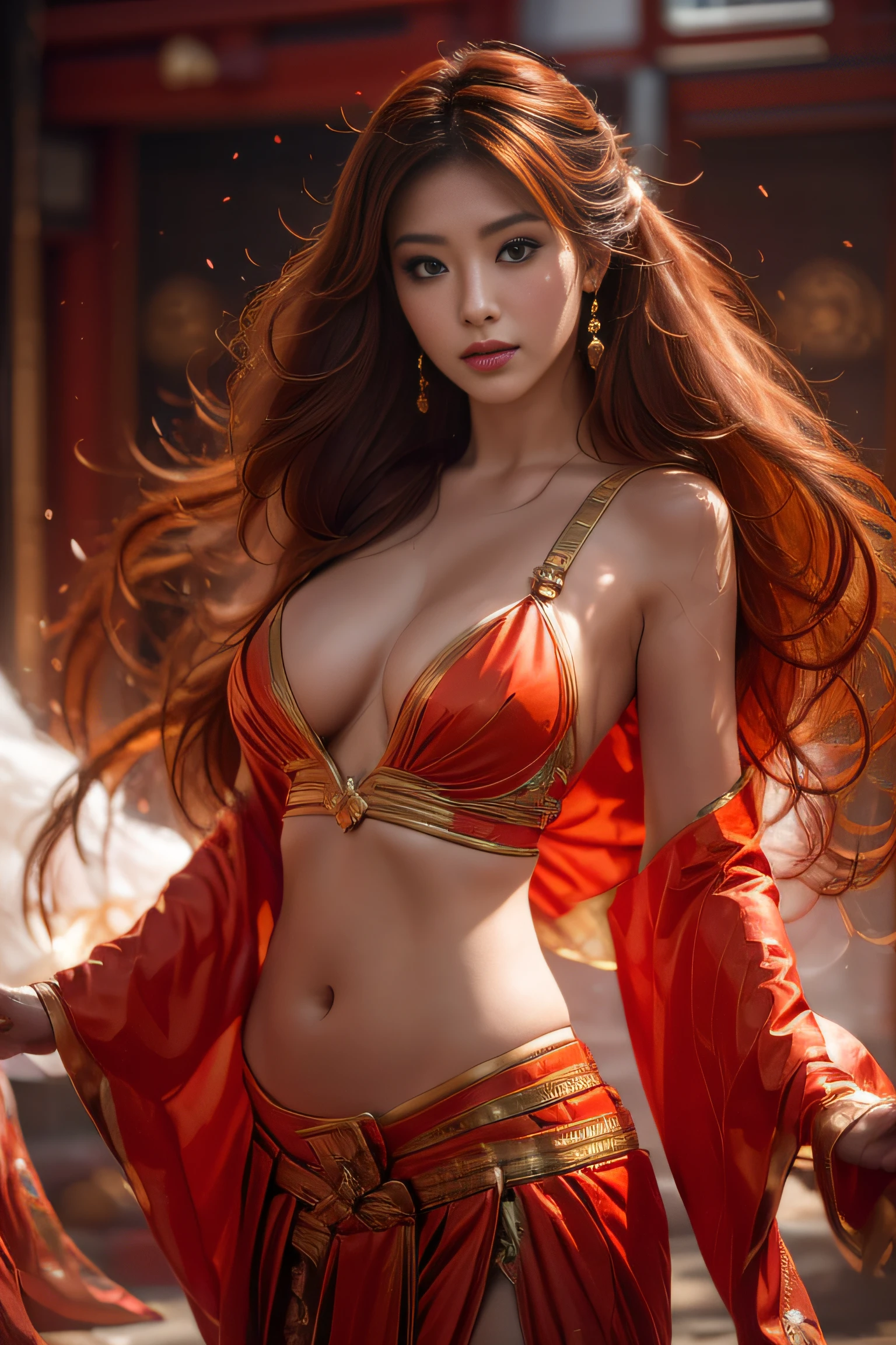 (masterpiece:1.2), ultra detailed, ultra high res, (realistic, photo realistic:1.37), high detail RAW color photo, professional photograph, an extremely delicate and beautiful, extremely detailed, finely detail, huge file size, extremely detailed beautiful girl, extremely detailed face, extremely detailed eyes, extremely detailed skin, extremely detailed nose, extremely detailed mouth, perfect anatomy, highly detailed background, shiny skin, (Japanese famous actress:1.2), (gyaru:1.45), flat chest, (Belly dancer with less cloth:1.3), (flat chest:1.3), cinematic Pose, dynamic lighting, nsfw, lens flare, (phoenix:1.25),