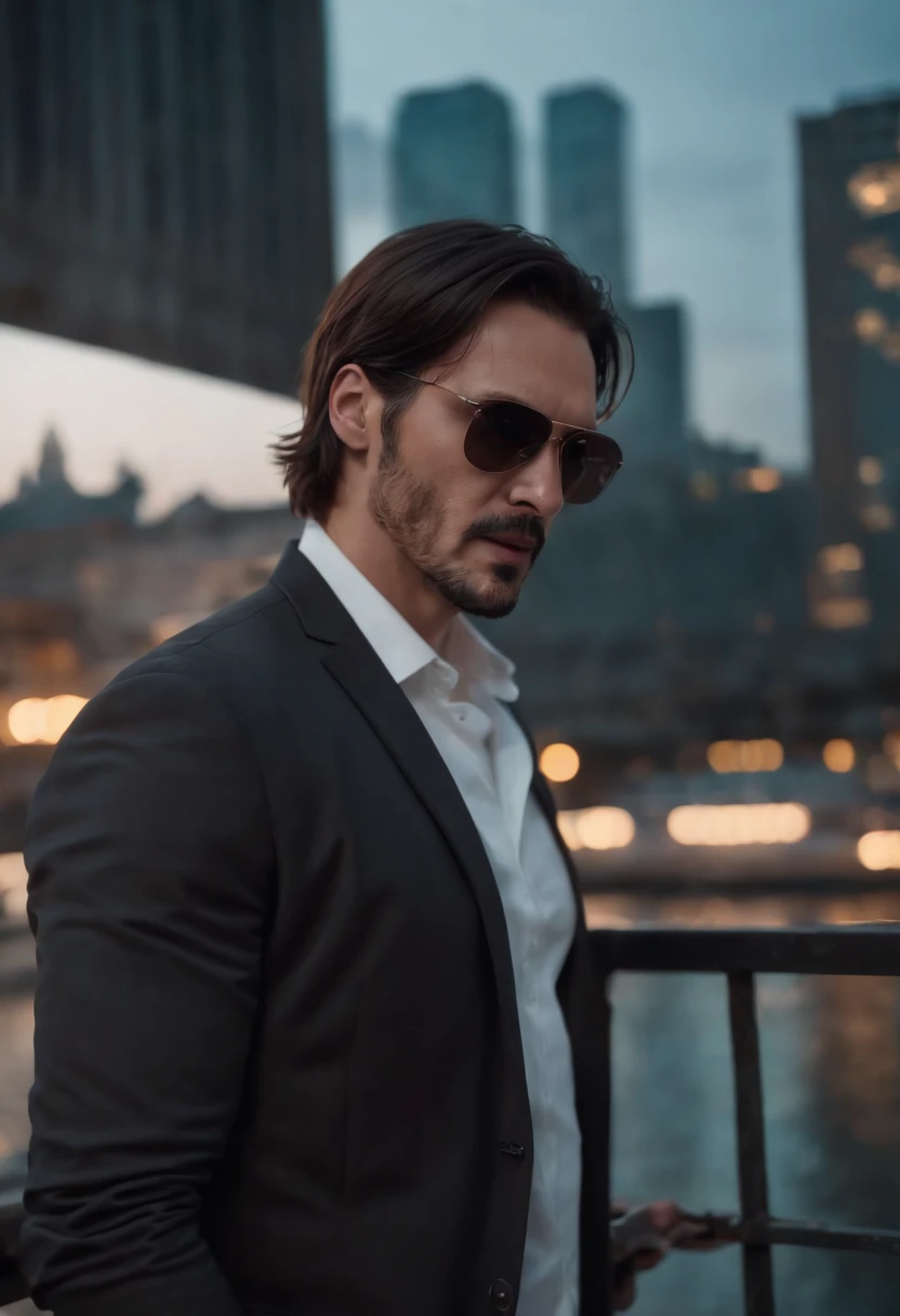 Keanu Reaves in profile, cyberpunk, sunglasses, mechanical arm, leaning against a railing, cyberpunk city, (ambient light: 1.5), (view from below that focuses on the sky above, expansive mode photography), ultra quality, (8k photography rendered), (ultra detailed), (refined strokes), (highest quality), (warm lighting: 1.2), portrait, dreamy, magical, (solo:1.2)