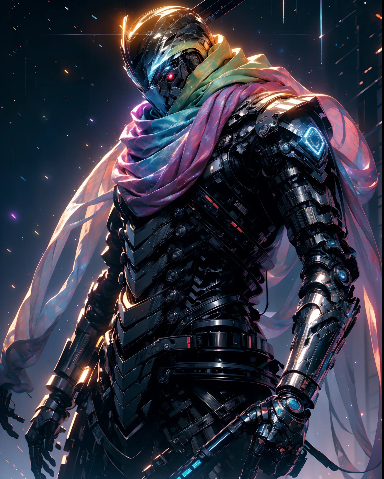 realistic,shiny,reflective,bioluminic, galactic cybernetic mask,mecha,(assassin:1.2),((((scarf,long cloak)))),sh4g0d,GlowingRunes_red,fullbody,cinemnatic,dark background,backlight,high contrast,