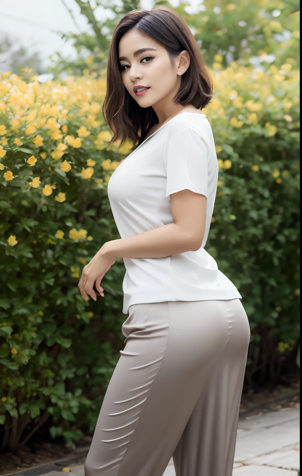 nsfw, 8K raw photo, Best quality, masterpiece, ultra high res, film grain, filmg, 1girl, looking at viewer, natural skin texture, realistic eye and face details, full lips, lipstick, (makeup), red eyeshadow, ponytail  hair, messy hair, smile, close mouth, skinny, thick_thigh, solo, enormous breast, cleavage, Pose with buttocks facing camera, flowing wide pants,long satin pant, accentuated ass, shirt, beautiful nature location, around flower location, (detailed background), satin skirt, white shirt, enormous breast, cleavage, Show a little cleavage through the shirt, loafers, blurry background, blurry, holding, plaid, short sleeves, jk ribbon on the neck, jk ribbon, brown hair, bracelet, water, bangs, jewelry, grey, parted lips, lips, from side, pencil skirt, depth of field,flowing  grey satin long pant, flowing pant, ((wide hips, thick thigh, protruding ass)), stunning hourglass figure, satin, accentuated ass