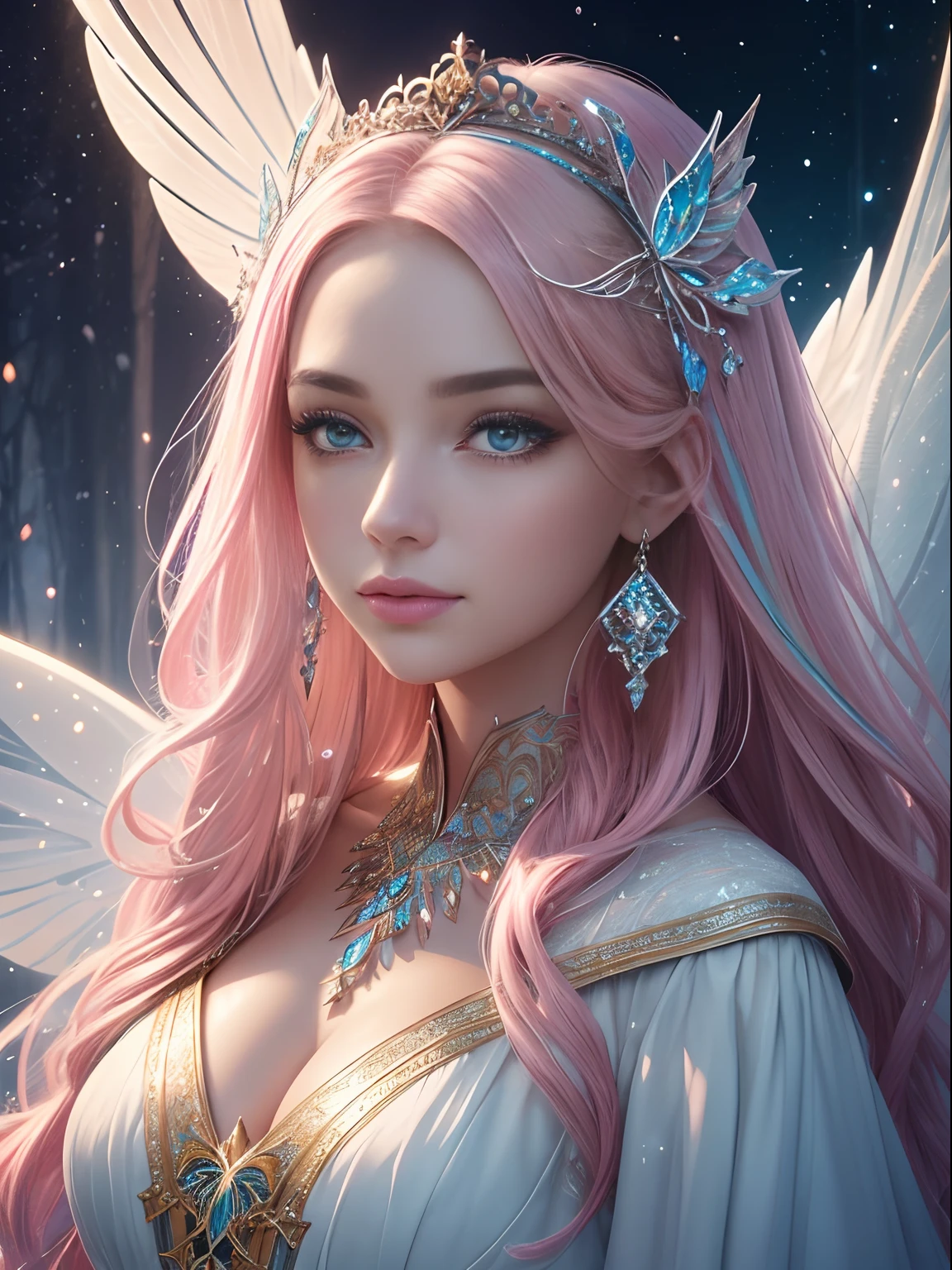 Generate a pretty and realistic fantasy artwork with bold jewel-toned ((((pink)))) hues, pretty glitter and shimmer, and lots of snowflakes. Generate a luminous and petite woman with curly hair, metallic hair, and realistically textured hair. Her skin is pure white and seems to glow in the light. The woman's face is important: include ((soft, puffy, big lips, elegant features, and the most beautiful detailed macro eyes)) in the world. The woman is in a winter landscape with soft falling snow and snowflakes, soft white fur, subtle iridescent details, subtle phantasmal iridescent details, and intricate and delicate jewelry that glimmers in the light. Include many small fantasy details like gossamer silk, feathers, delicate and stunning embroidery, and luminous lighting that glimmers. The woman's face is unobscured by details and her eyes are sharp and in high resolution. Incorporate dreamy colors, dynamic lighting, and detailed background elements to create a sense of awe and immersion. Include colorful flying magical birds and jewel-toned butterflies radiating a magical aura. Consider the latest trends in fantasy art, such as incorporating unique lighting effects, exploring dynamic and compelling composition techniques, and experimenting with unique color palettes. Take inspiration from the top artists on ArtStation and Midjourney. Camera: Choose an angle that highlights the character's beauty and enhances the magical majesty of the artwork. Lighting: Utilize atmospheric lighting techniques to create depth and mood. Resolution: Aim for a high-resolution artwork to showcase intricate details and clarity. Art Inspirations: Seek inspiration from the trending artists on ArtStation, exploring different styles, genres, and themes. white skin, pale skin, really pale skin, really white skin, beautiful eyes, fantasy details, shimmer, glimmer, magical birds, magical butterflies, ornate, (((masterpiece))), add_detail:1, earth \(planet\),
