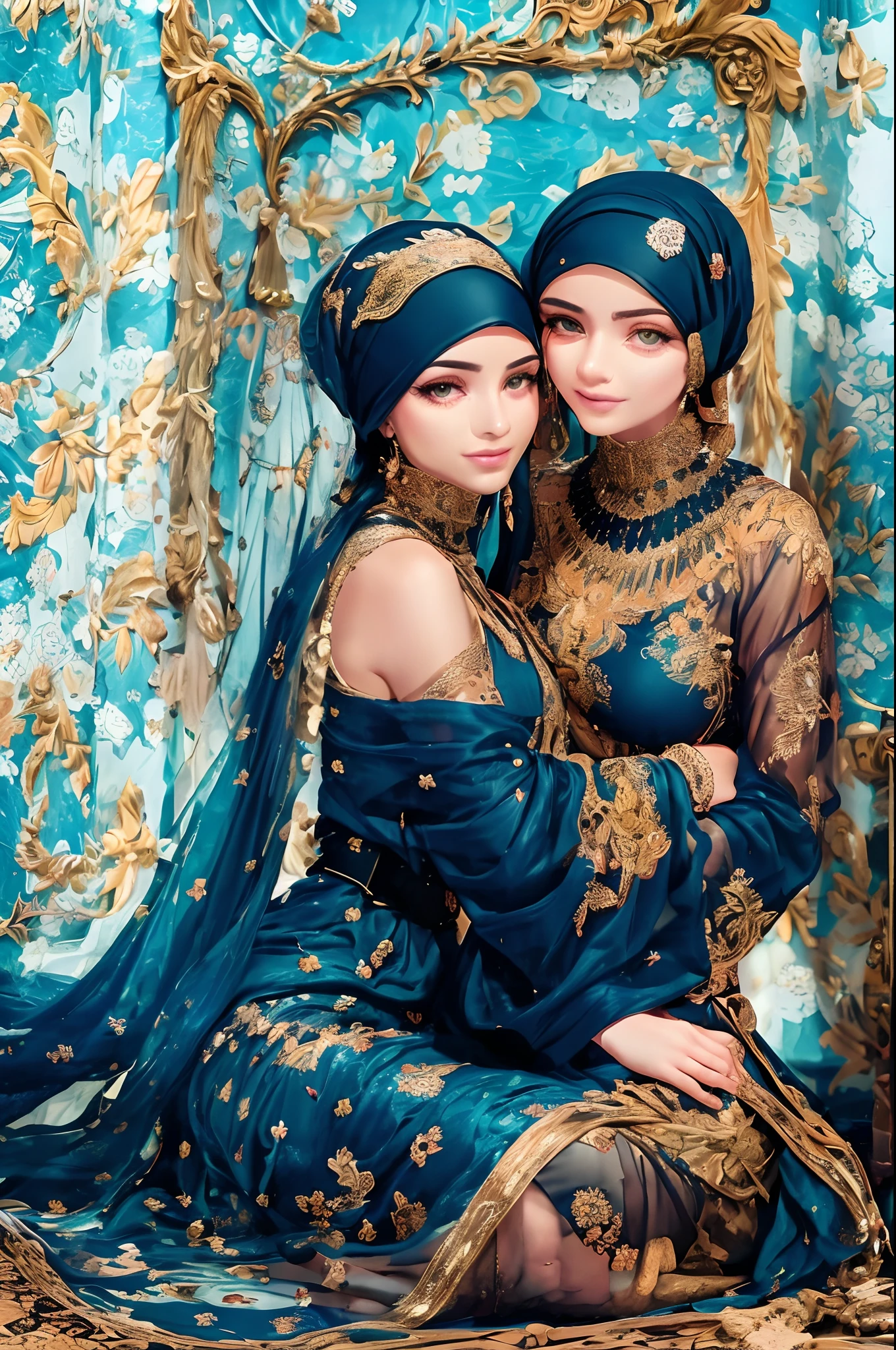 Mavtan Moroccan Islamic surreal super detail,model shoot,two girls sitting together,duo,Dynamic pose,leering,(Dream belt,Dream robes,Fantastic ribbons),Hug and touch each other,Biting a friend's earlobe, Hug each other from behind, Touch your friend's chest from below,