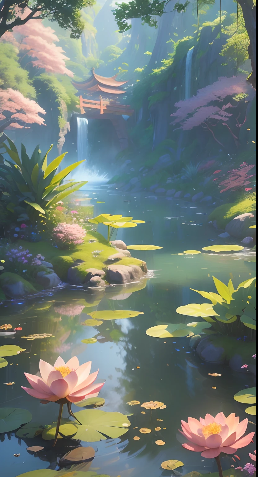 (best quality,8k,masterpiece:1.2),CG,complex details,movie angle,(no people around),(Ancient Chinese garden),abundant lotus,rocks,flowers,bamboo grove,waterfall,forest area,a small bridge spanning a murmuring stream,detailed leaves and flowers,(sunshine illuminates,rippling waves),serene atmosphere,(soft and elegant colors),carefully crafted composition