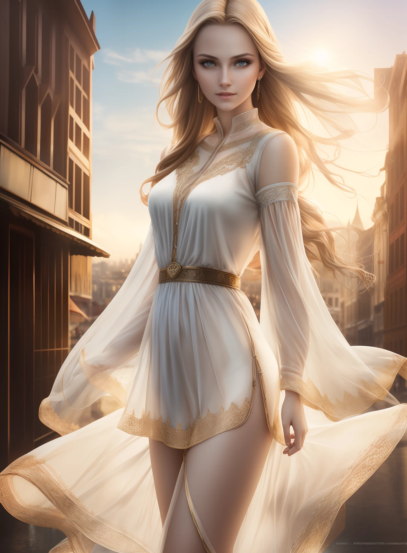 portrait photography, beautiful young woman with transparent western tunic dress, eyes visible through hair, proper eye position, natural skin, backlight, cinematic light, rim light, soft light , hips, in night time, city side background, detailed color graded background, intricate , highly detail, octane render, HD, 8k, by Annie Leibovitz