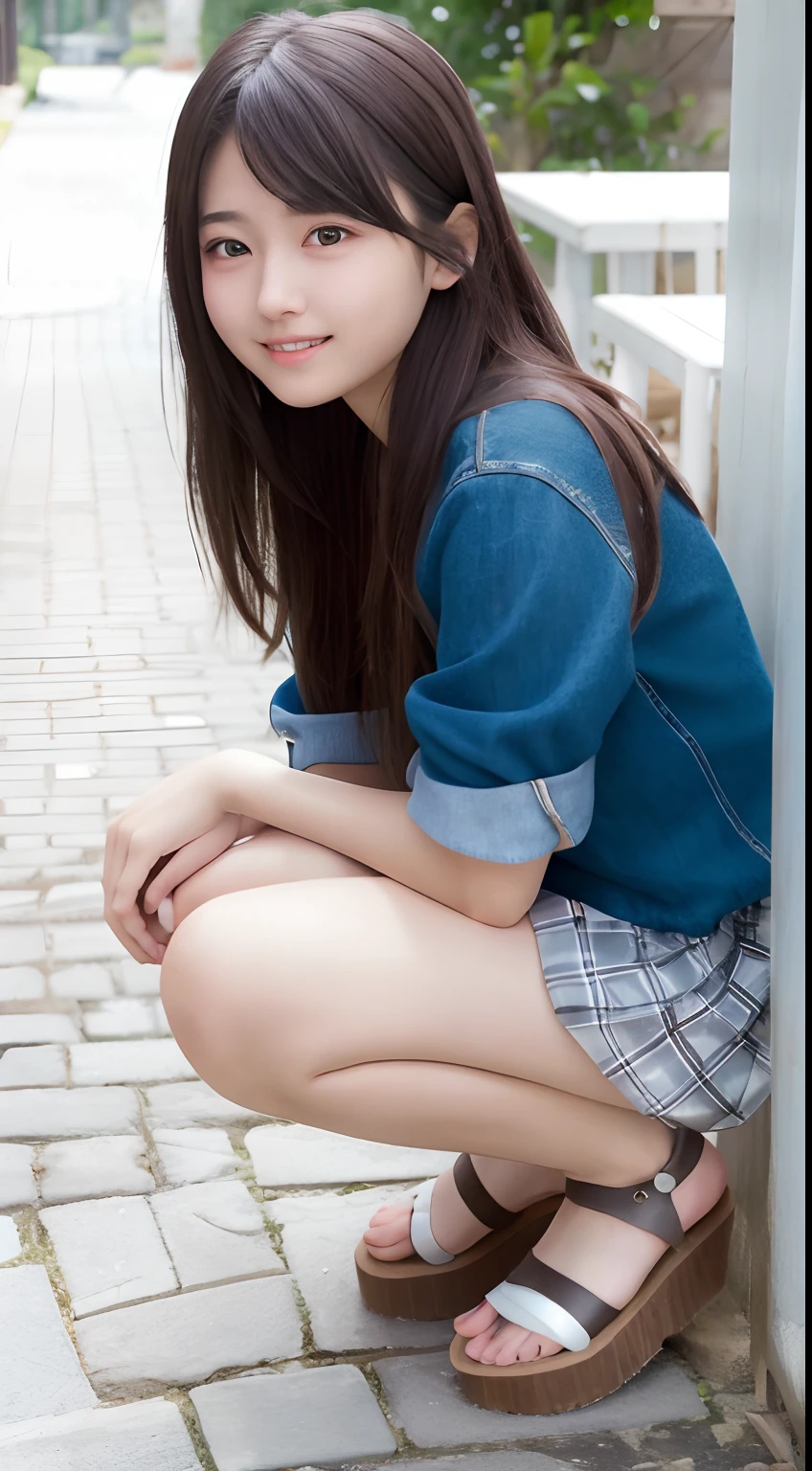 ultra-detailliert、ighly detailed、masterpiece、top-quality、top-quality、absurderes、Hi-Res、Subsurface scattering、(1girl in:1.2)、(Solo:1.2)、(The cutest high school girl in the world:1.3)、bangss、(Smiling smile:1.0)、eye reflections、A detailed eye、perfect eyes、rendered eyes、(looking looking at viewer:1.2)、Dynamic angles、Make some gesture、closes mouth、Cowboy shot from the front、(Detailed skin:1.1)、skin pore、shinny skin、shinny skin、(dent in the skin: 1.2)、not too large breasts、Cool clothing、platform sandals、Hair flow、夏天、during daytime、outside of house、alleyway、Walkway、cafe terrace、(sign:0.9)、(Eau:0.9)、(ln the forest:0.9)、(detailedbackground:1.2)、(the complex background:1.2)