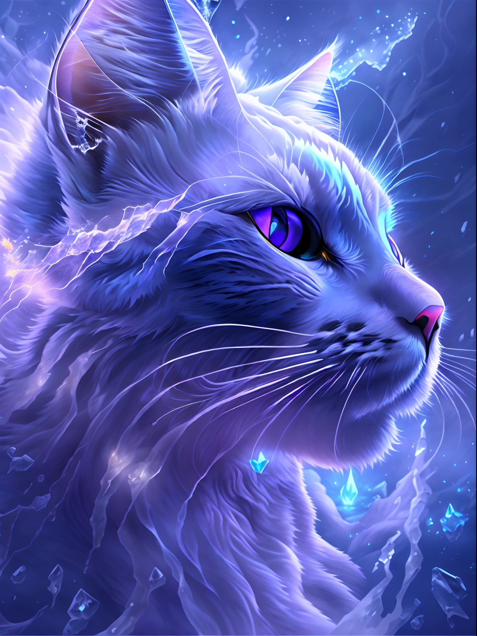 (Ice Cat God),God of Ice Destruction,A cat god suddenly appeared from the icy world,Freeze the world,Emerging from the blue mist,Full body ice work, (Purple Flame:1.3),Cats, nffsw, Anatomically correct, hight resolution, high details, 4K