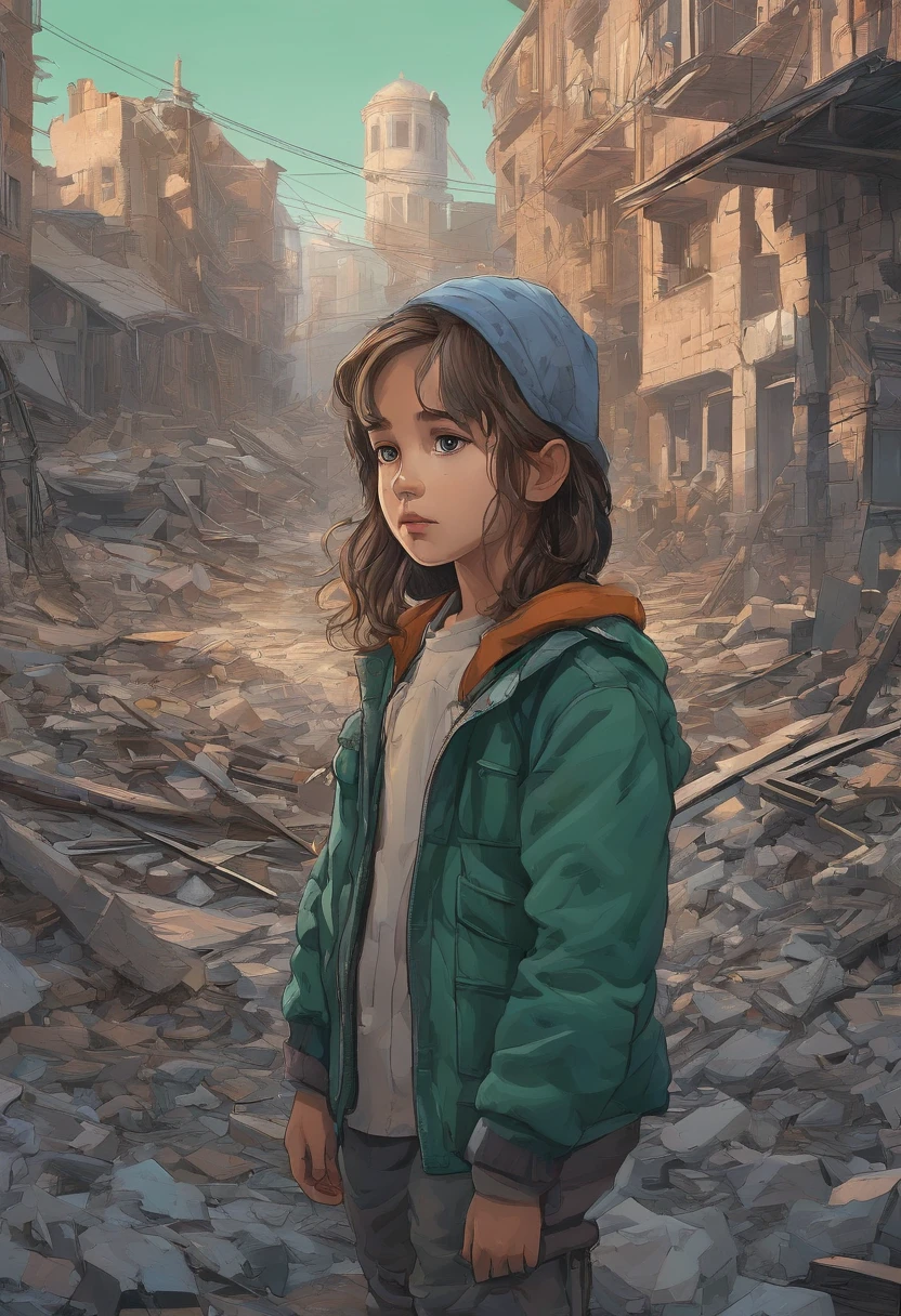 masterpiece, best quality, 8k, detailed face, intricate details, ultra detailed, The ambiance of a city devastated by civil war, where the poignant aftermath unfolds, close up A young child gazes with sorrow, green eyed, eyes vacant, mirroring the profound despair that lingers like a heavy shroud over the urban ruins. In the wake of destruction, the innocence of youth confronts a bleak future, painting a poignant portrait of the human toll in the midst of conflict