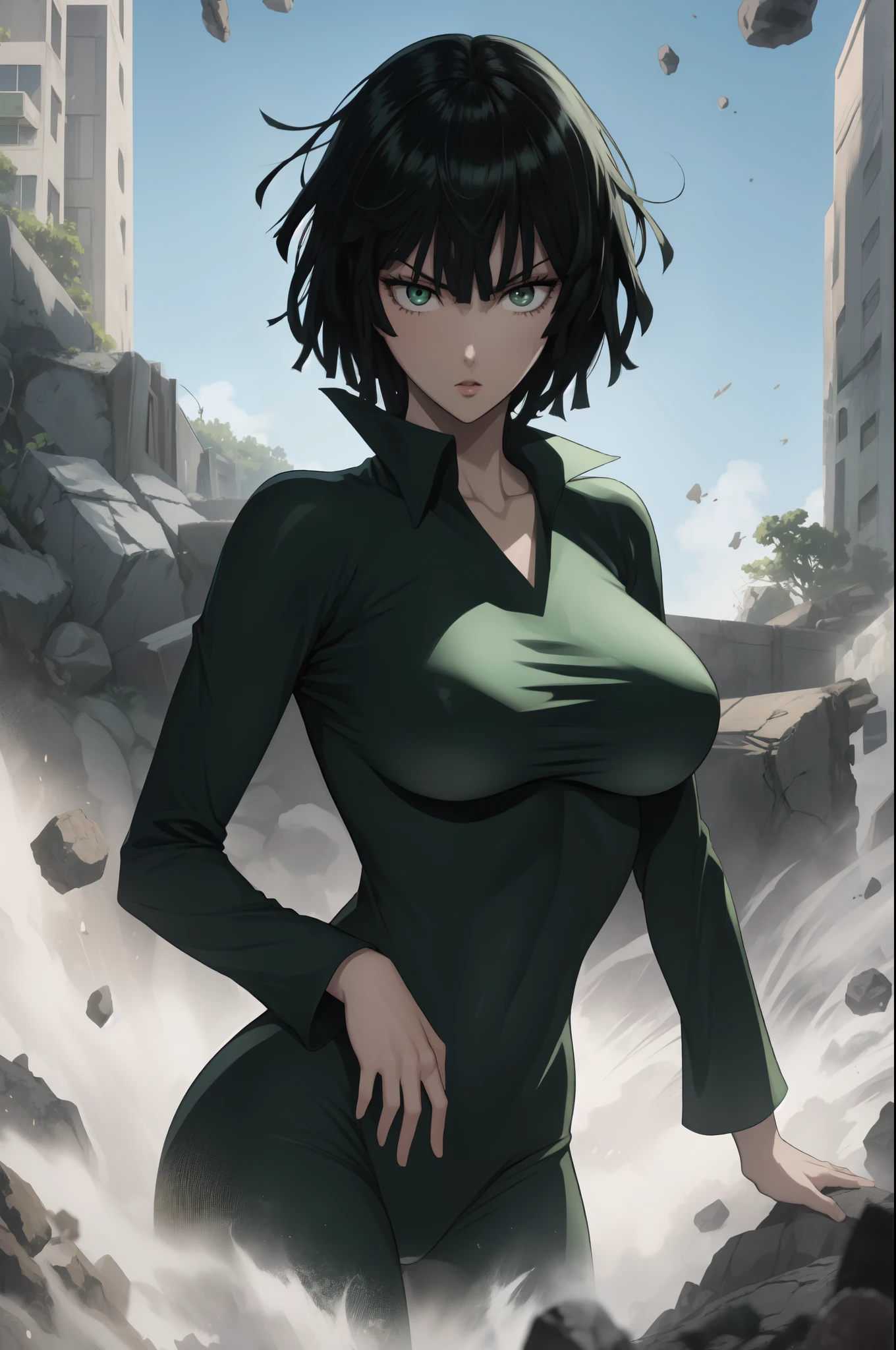 One punch man art style, yusuke murata art style, fubuki from one punch man, green eyes, short deep green hair, wearing black bodysuit, sitting on a destroyed city, cinematic shadow, cinematic fog, crow's in the sky,matured face, blushing, joyful expression, dynamic pose, big breast, big hips, full body view, big body, fat body,