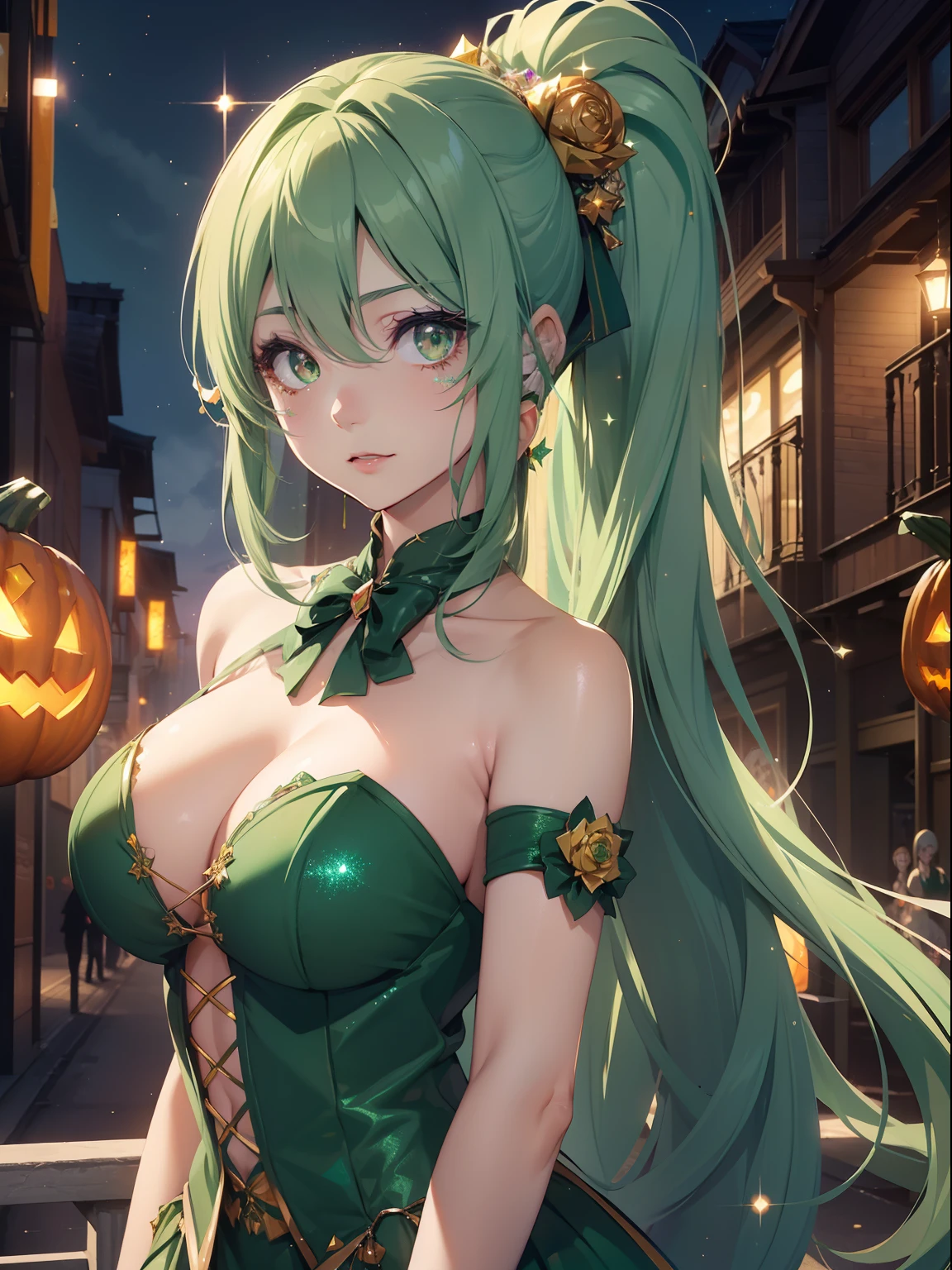 masutepiece, High resolution, 8K, anime woman, Delicate and detailed writing 、Detailed digital illustration、absurdly long hair、(((Ponytail)))、Shiny hair、a very beautiful woman、Eyes are double, Large,Little hanging eyes、 Bust E Cup、High image quality, High quality、Detailed background、((Wizard Background))、The inside of the eye shines like a diamond、(((Dark green hair)))、Gradient pupil、(((2 arms、4 fingers, 1 thumb)))、Detailed female face、a very beautiful woman、、细致背景、masterpiece、Soft Focus , Bright gradient watercolor , Lens Flare , (((Glitter))) , Glow , Dreamy ,a miniskirt、Idol、Light Green Ribbon、Very beautiful light green rose hair accessories、Light green and gold costume with white as the main color、((Macroface))、(Cool Girl).Tall lady、Dignified.((No bangs))、(((Halloween、Pumpkin Festival)))、(((Glittering Halloween night background)))、(((Zombie Makeup、Zombie Costumes)))