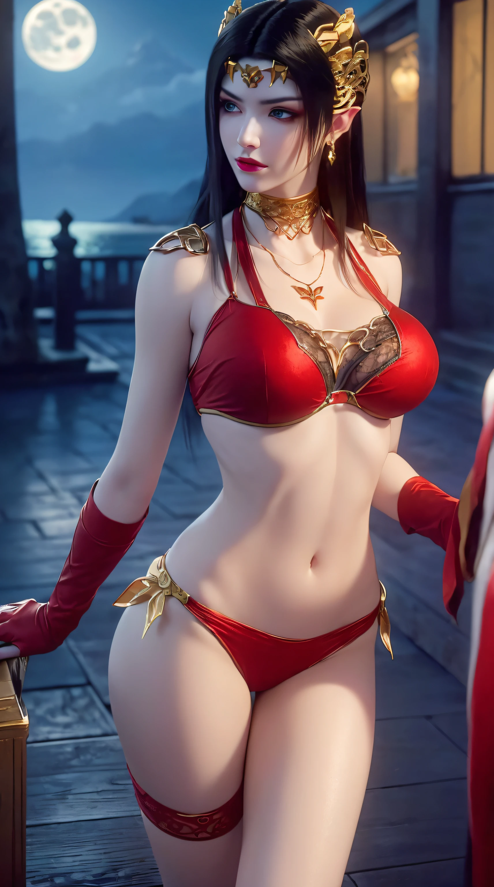 1 extremely beautiful bride, ((wearing red bikini:1.6)), (((see-through thin bikini:1.6))), ((long black hair:1.6)), elaborate jewelry made from stones noble and beautiful hair, ((wearing a 24k gold lace necklace:1.4))), ((Thin red silk scarf covering half of her face:1.5)), noble, noble style of an extremely beautiful girl beautiful, super cute small face, her face is very pretty, thin eyebrows, flawless beautiful face, ((black eye pupils: 0.8)), very beautiful eyes, ((blue eyes platinum: 1.6)), (((big round eyes: 1.6))), beautiful makeup and hairdo detailed eyelashes, wet eye makeup, high nose, earrings, red lips, ((closed mouth: 1.5)) beautiful lips, slim hands, most beautiful thighs, ((arms spread wide to the sides: 1.5)), rosy face, clean face, flawless beautiful face, smooth white skin, (chest big: 1.5)), ((tall breasts: 1.6)), firm breasts, beautiful cleavage, (((big and super round breasts: 1.8))), ((super tight breasts: 1.7)),((chest large 1.5)),(exposed),beautiful breasts, perfect body, back arms, exposed chest, thin black mesh stockings with black lace trim, 8k photo, super high quality, super realistic, super 10x pixels, optical, studio bright, edge bright, two-tone lighting, (high detail skin:1.2), super 8k, soft light, high quality, volumetric lighting, optical, high optical resolution, projection bright, best photo, 4k, 8k quality, blur effect, smooth sharpness, 10 x pixels, ((sea and moonlight in night background:1.5)), aurora, lightning, super realistic graphics , most realistic graphics, 1 girl, alone, solo, Extremely sharp, surreal image, (((frontal portrait: 1 )))."