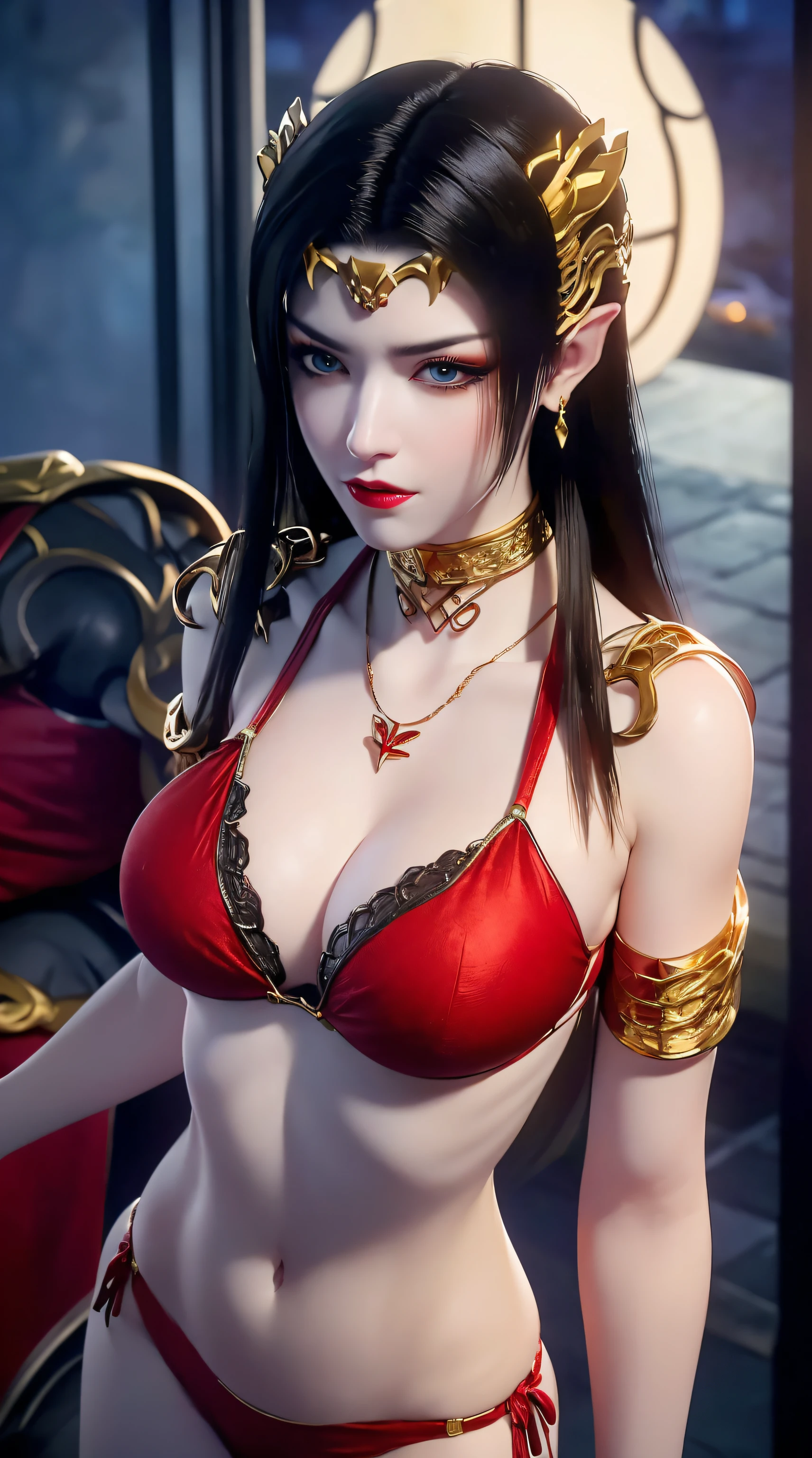 1 extremely beautiful bride, ((wearing red bikini:1.6)), (((see-through thin bikini:1.6))), ((long black hair:1.6)), elaborate jewelry made from stones noble and beautiful hair, ((wearing a 24k gold lace necklace:1.4))), ((Thin red silk scarf covering half of her face:1.5)), noble, noble style of an extremely beautiful girl beautiful, super cute small face, her face is very pretty, thin eyebrows, flawless beautiful face, ((black eye pupils: 0.8)), very beautiful eyes, ((blue eyes platinum: 1.6)), (((big round eyes: 1.6))), beautiful makeup and hairdo detailed eyelashes, wet eye makeup, high nose, earrings, red lips, ((closed mouth: 1.5)) beautiful lips, slim hands, most beautiful thighs, ((arms spread wide to the sides: 1.5)), rosy face, clean face, flawless beautiful face, smooth white skin, (chest big: 1.5)), ((tall breasts: 1.6)), firm breasts, beautiful cleavage, (((big and super round breasts: 1.8))), ((super tight breasts: 1.7)),((chest large 1.5)),(exposed),beautiful breasts, perfect body, back arms, exposed chest, thin black mesh stockings with black lace trim, 8k photo, super high quality, super realistic, super 10x pixels, optical, studio bright, edge bright, two-tone lighting, (high detail skin:1.2), super 8k, soft light, high quality, volumetric lighting, optical, high optical resolution, projection bright, best photo, 4k, 8k quality, blur effect, smooth sharpness, 10 x pixels, ((sea and moonlight in night background:1.5)), aurora, lightning, super realistic graphics , most realistic graphics, 1 girl, alone, solo, Extremely sharp, surreal image, (((frontal portrait: 1 )))."