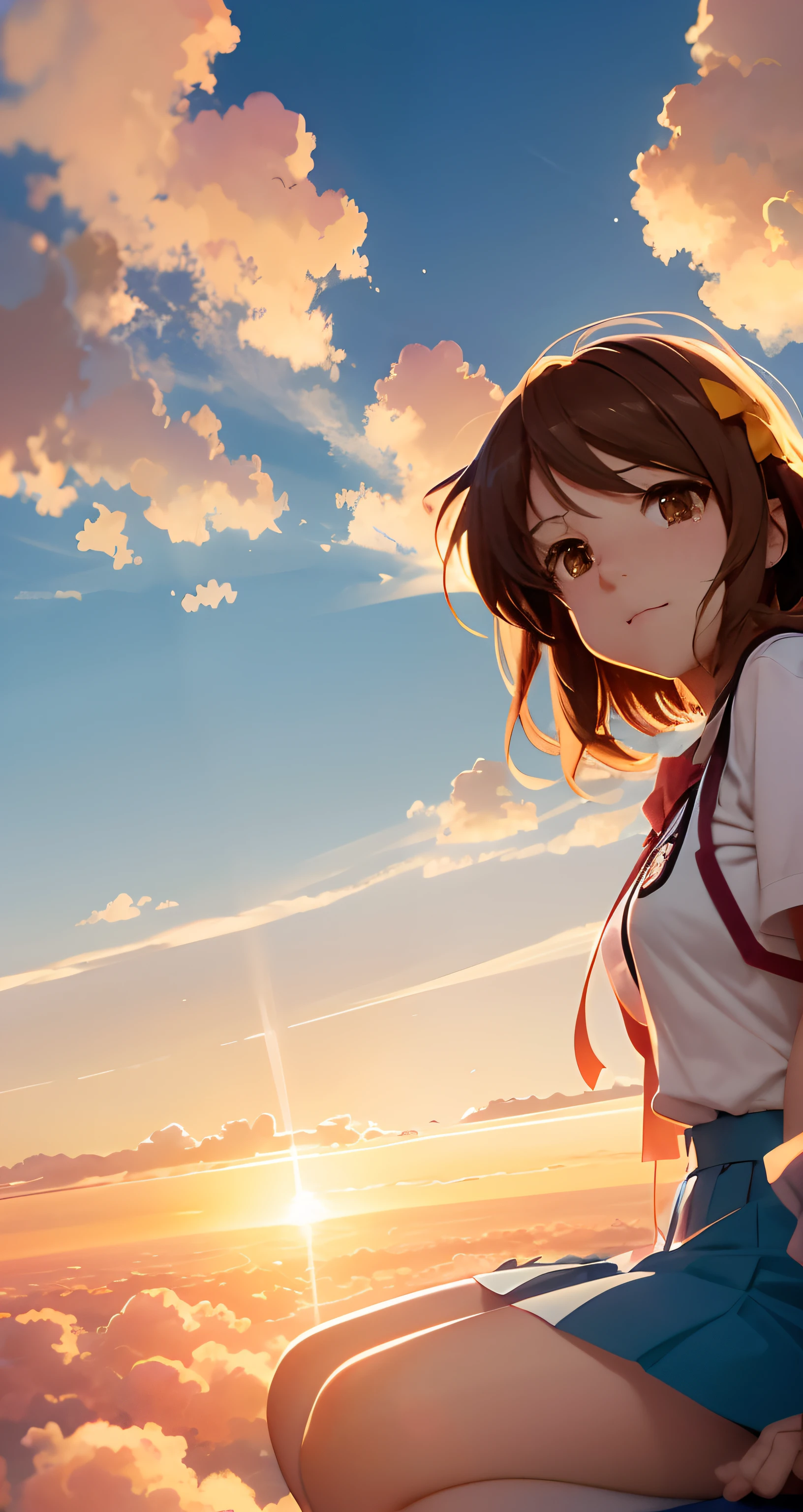 Suzumiya haruhu anime. suzumiya haruhi　masterpiece, best quality, movie still, 1girl, cloud girl, floating in the sky, close-up, bright, happy, warm soft lighting, sunset, (sparks:0.7)