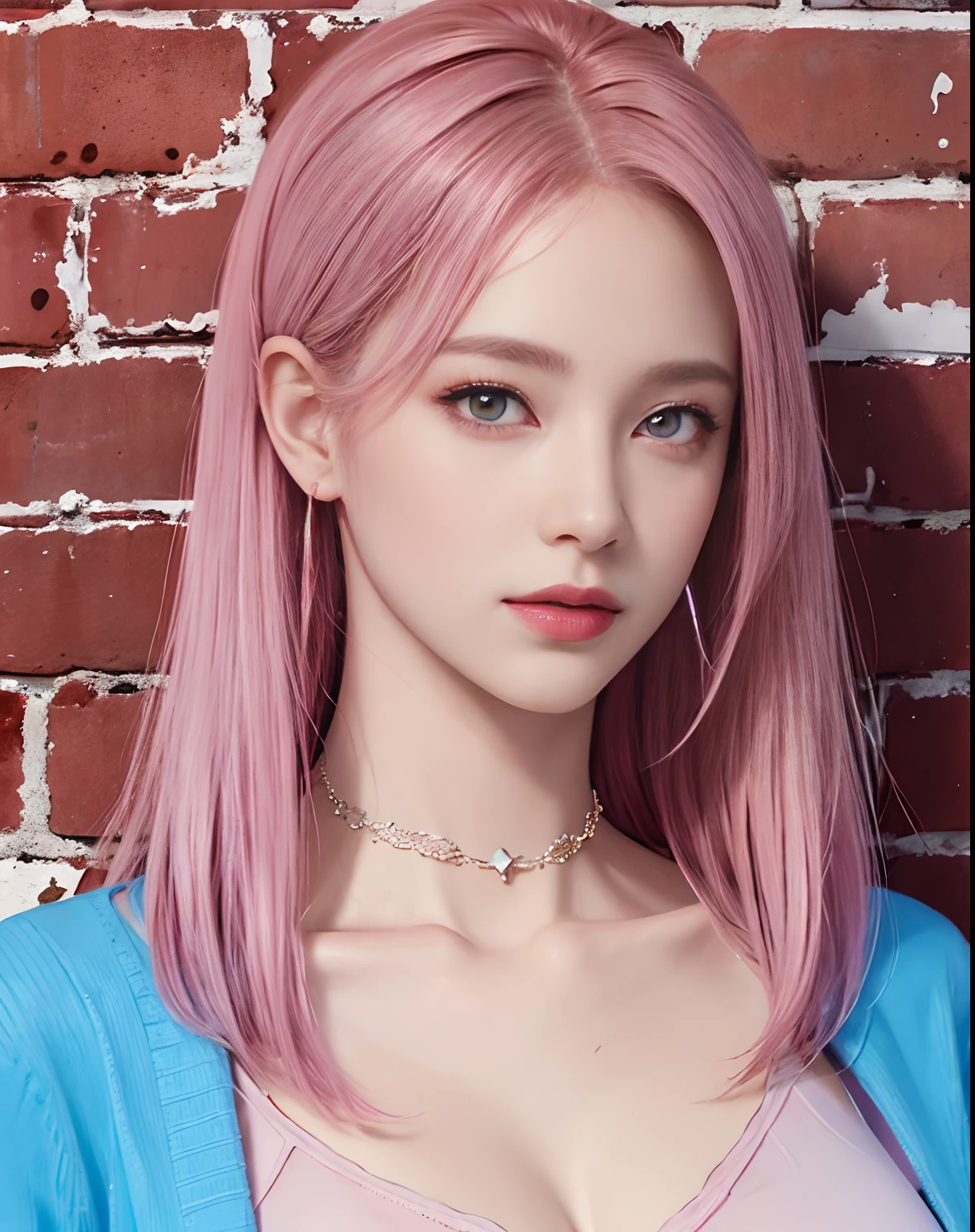 (masterpiece, best quality, 1girl, solo, intricate details, chromatic aberration), realistic, ((medium breath)),long hair, pink hair, red head ornament, pink highlights, hair over one eye,purple eyes, earrings, sharp eyes, choker, neon shirt, open jacket, crop turtleneck sweater,open waist,(perfect symmetrical body),against wall, brick wall, graffiti, dim lighting, alley ,look at viewer
