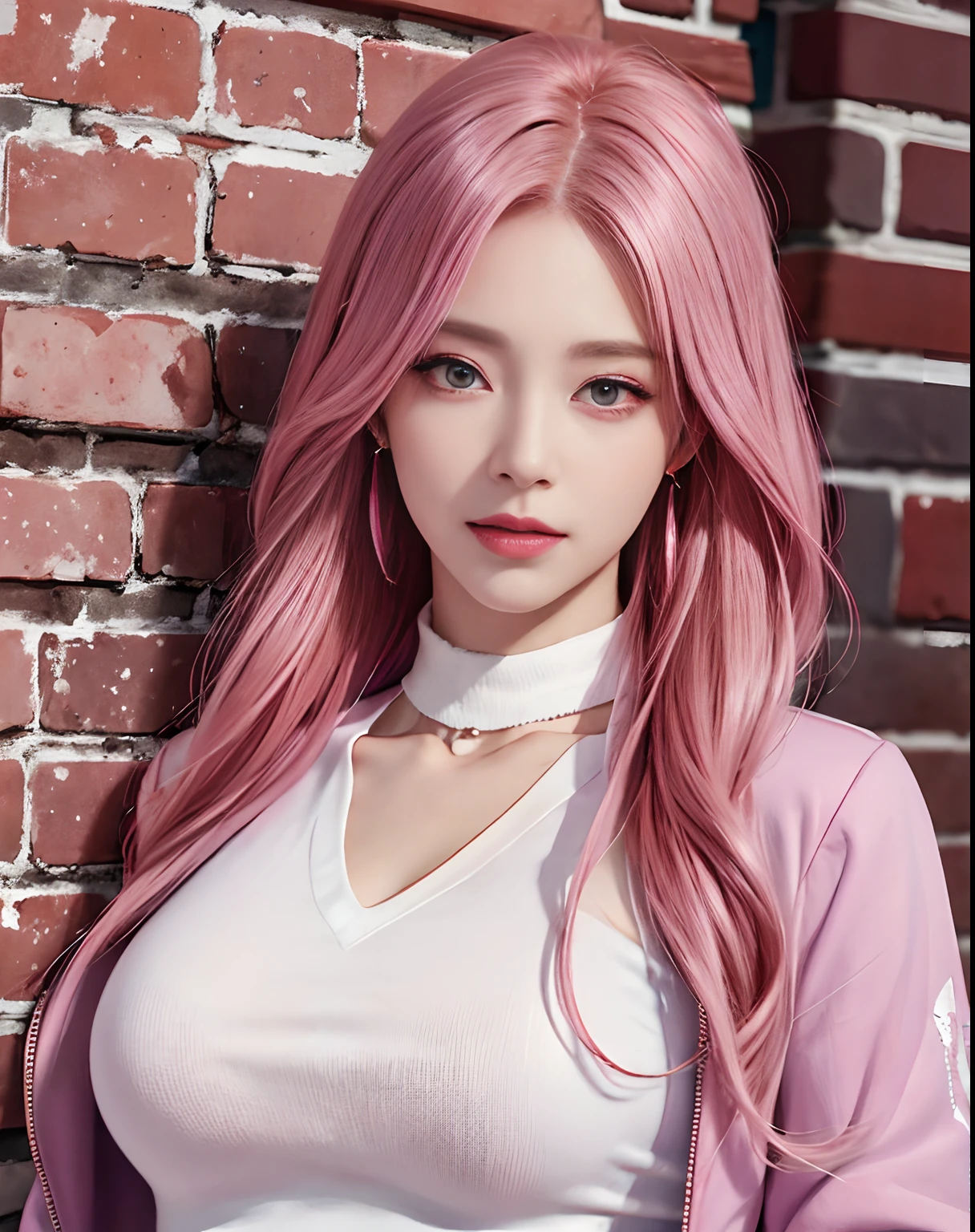 (masterpiece, best quality, 1 woman, alone, intricate details, chromatic aberration), realistic, ((middle breath)),long hair, pink hair, red headdress, pink highlights, hair above one eye,purple eyes, earring, piercer, choker, neon shirt, open jacket, cropped turtleneck sweater,open waist,(perfectly symmetrical body),on the wall, brick wall, Doodle, dim lighting, alley ,look at the viewer