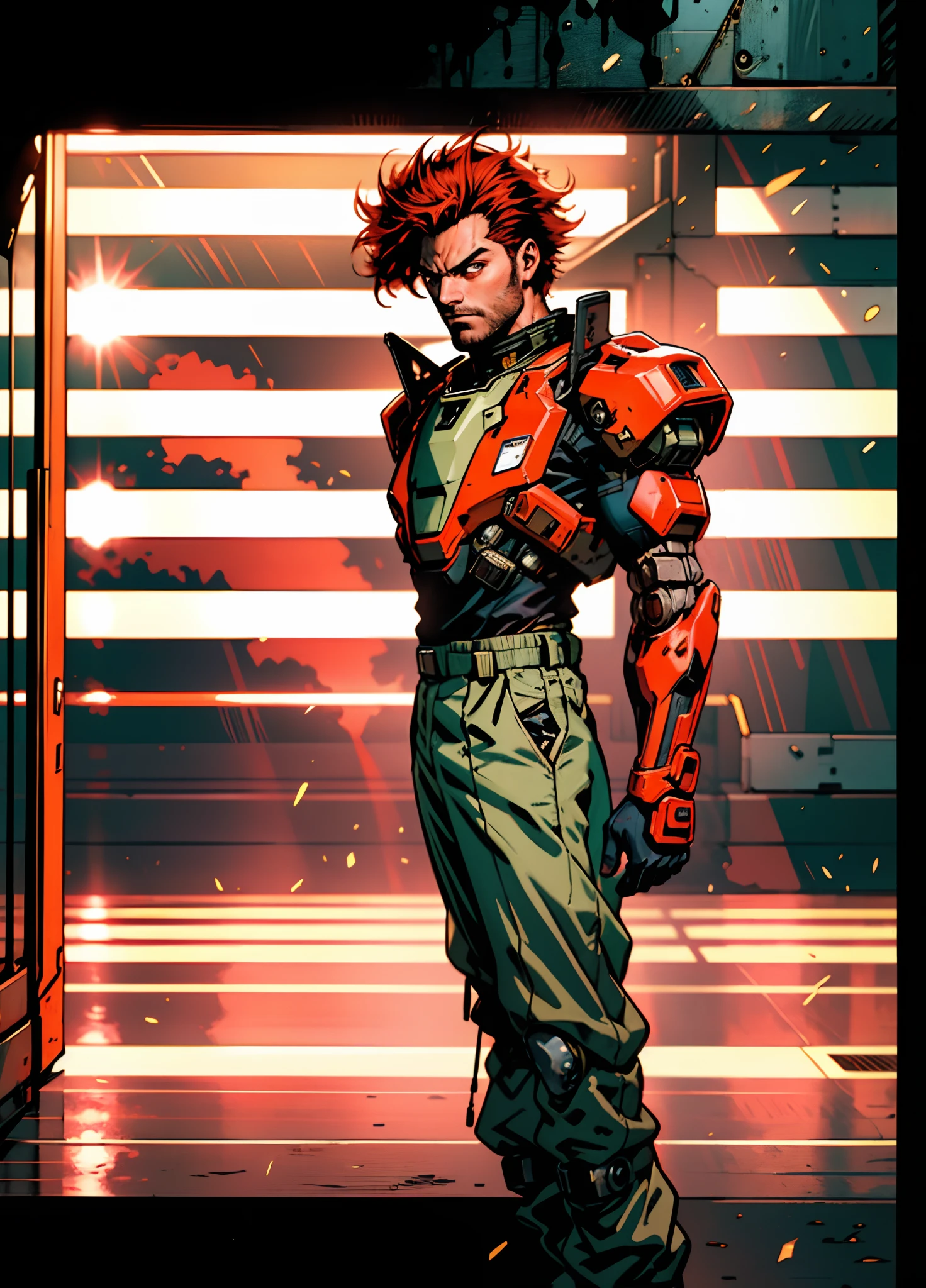 A man with short red-gold hair, hair slicked back, thick and disheveled hair, a cold and ruthless gaze, a confident expression, wears a two-piece futuristic military-style uniform, primarily in shades of white and red, accented by touches of yellow, streamlined wristguard gloves, matching trousers, he stands in a futuristic sci-fi-style hangar housing a colossal mech, stands within a futuristic sci-fi hangar, where a colossal mech is stationed, this character embodies a finely crafted futuristic military officer in anime style, characterized by an exquisite and mature manga illustration art style, high definition, best quality, highres, ultra-detailed, ultra-fine painting, extremely delicate, professional, anatomically correct, symmetrical face, extremely detailed eyes and face, high quality eyes, creativity, RAW photo, UHD, 8k, Natural light, cinematic lighting, masterpiece:1.5