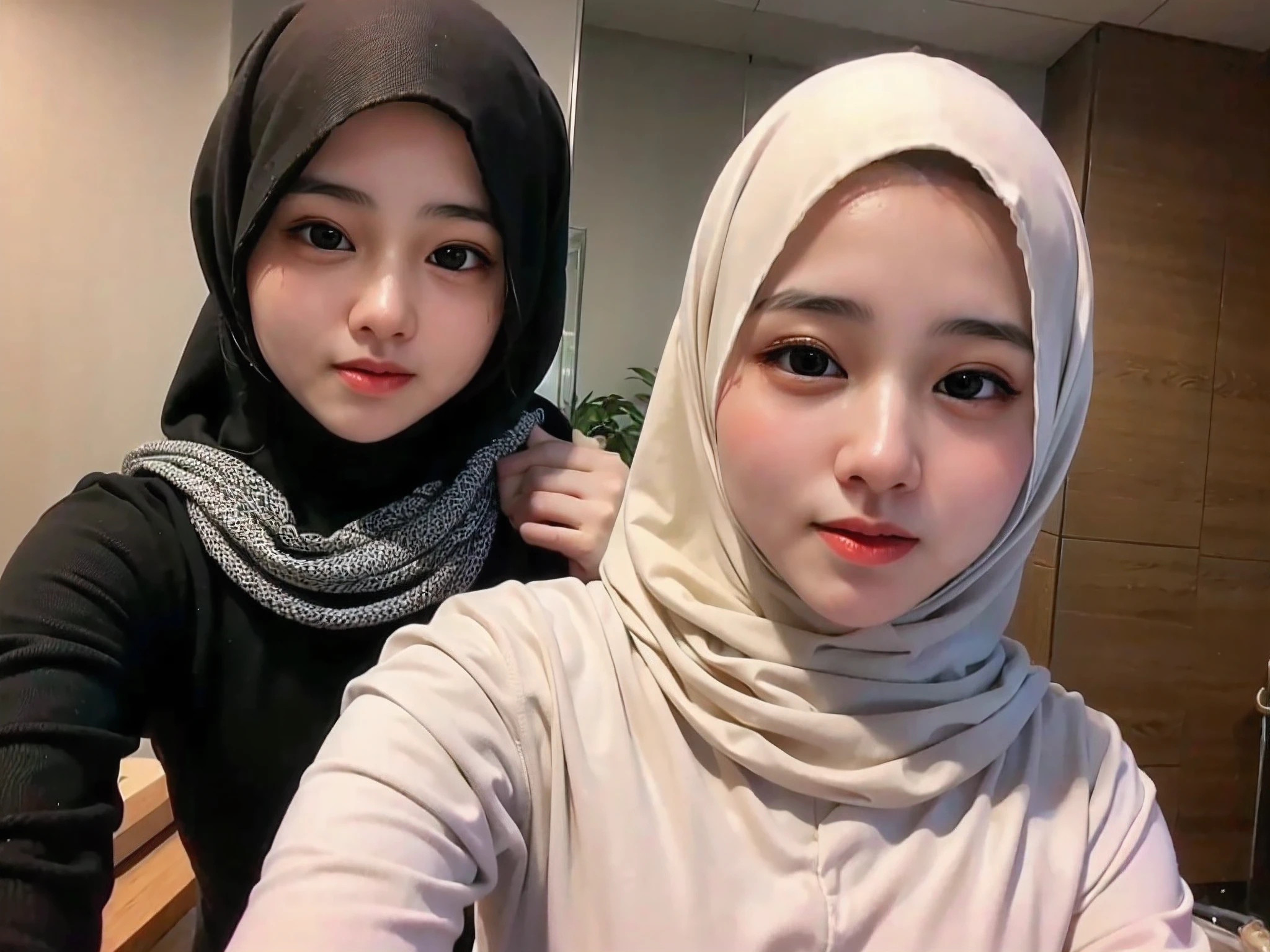 (close-up, solo, of a 20 yo of a hijab woman taking a selfie in front of a mirror, black hijab, white dress, small breasts, (highly detailed face:1.4) (smile:0.2) (simple background)
