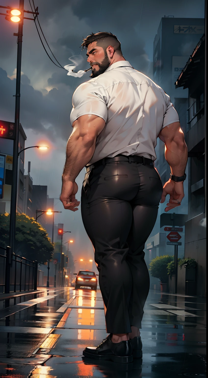NSFW,tmasterpiece,top-quality,Fat people smoke,posterior view,Looks Back,Pat on the head,Fat,musculous,I have a big belly,The face is large,brunette color hair,short detailed hair,little beard,Wear a white Y-shirt,docking、Torn black slacks,leather shoes,troubled look,Red face,full of sweat,Wet,Passers-by pointed to a man,,skyscraper,rain is falling,wet road,Steaming,full body seen,low angles