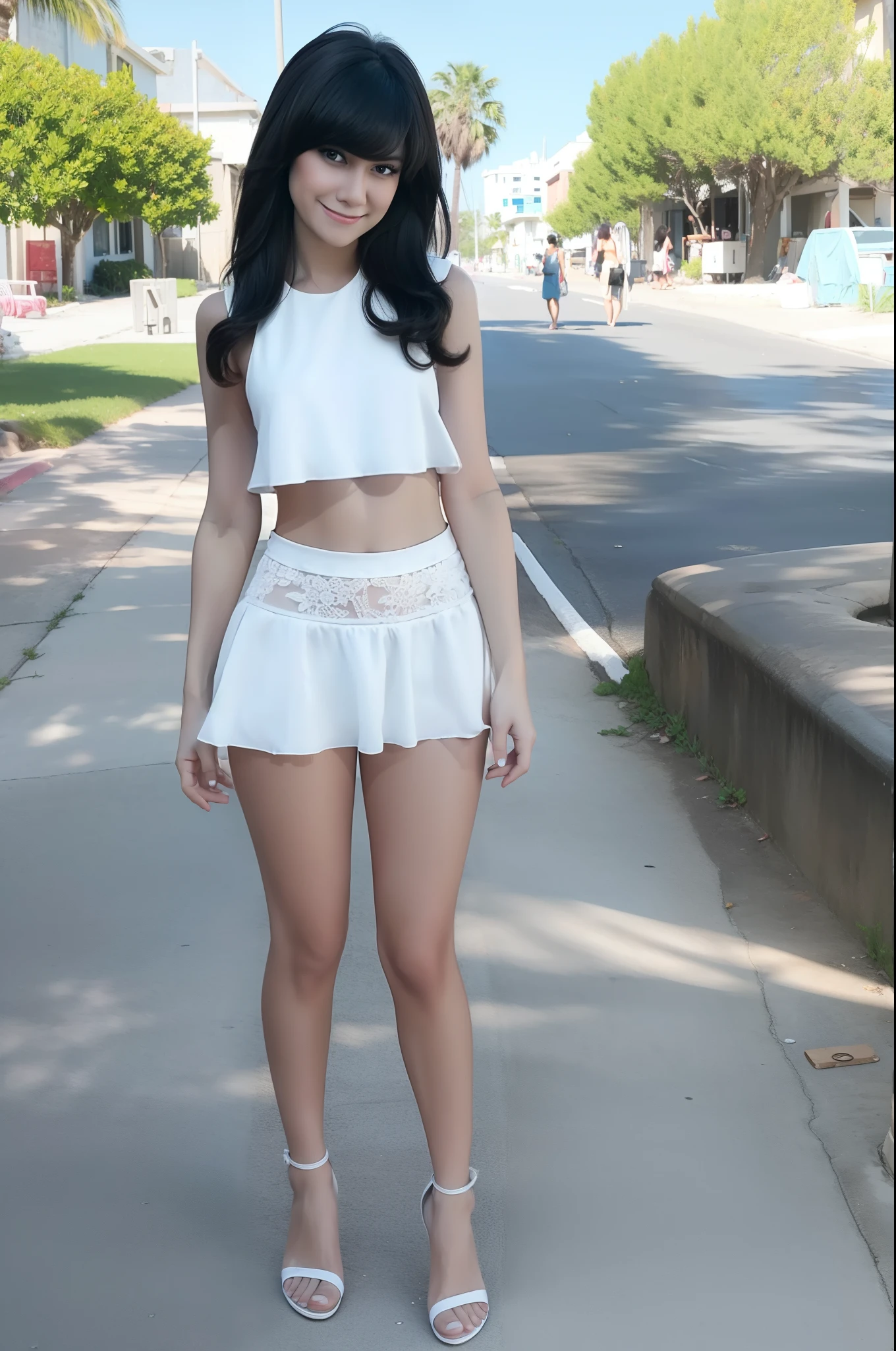 best quality, ultra-high res, (photorealistic:1.4), black hair, bangs, white bikini, full body, looking_at_viewer. outdoor, busy street, white skin, little smile, heels, beach