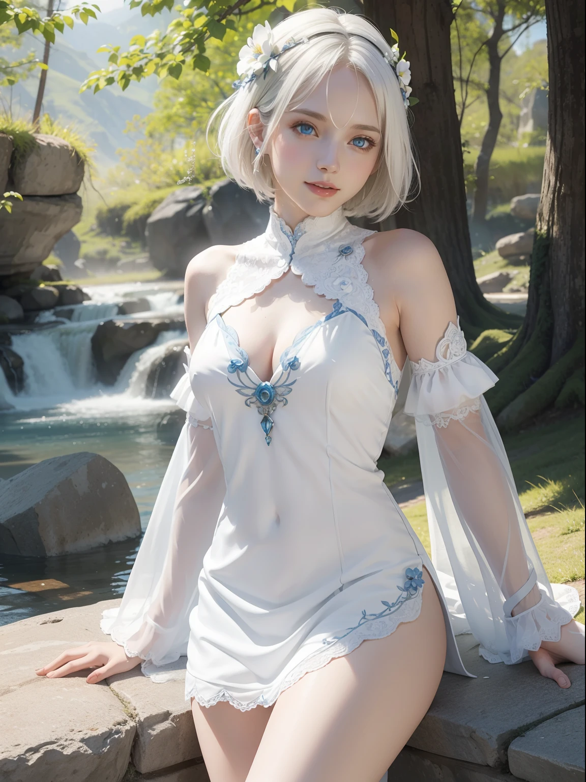 Natural steppes,White goddess blue eyes in human shape、beautiful body of a flower of a very attractive age with white pubic hair,,,,,,,,White Isekai Dress,short-hair,a smile,,Skinny Legs,
