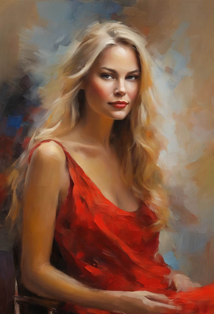 Female portrait, beautiful Nordic woman, long blond hair, smiling eyes, looking at camera, smiling mouth, low cut red dress, acrylic painting, bold and expressive brushwork, impressionistic style, detailed face, epic surreal background, very heavy brushstrokes with thick textured paint, expert lighting and shadows, high contrast, fine art painting, Junyi Liu.