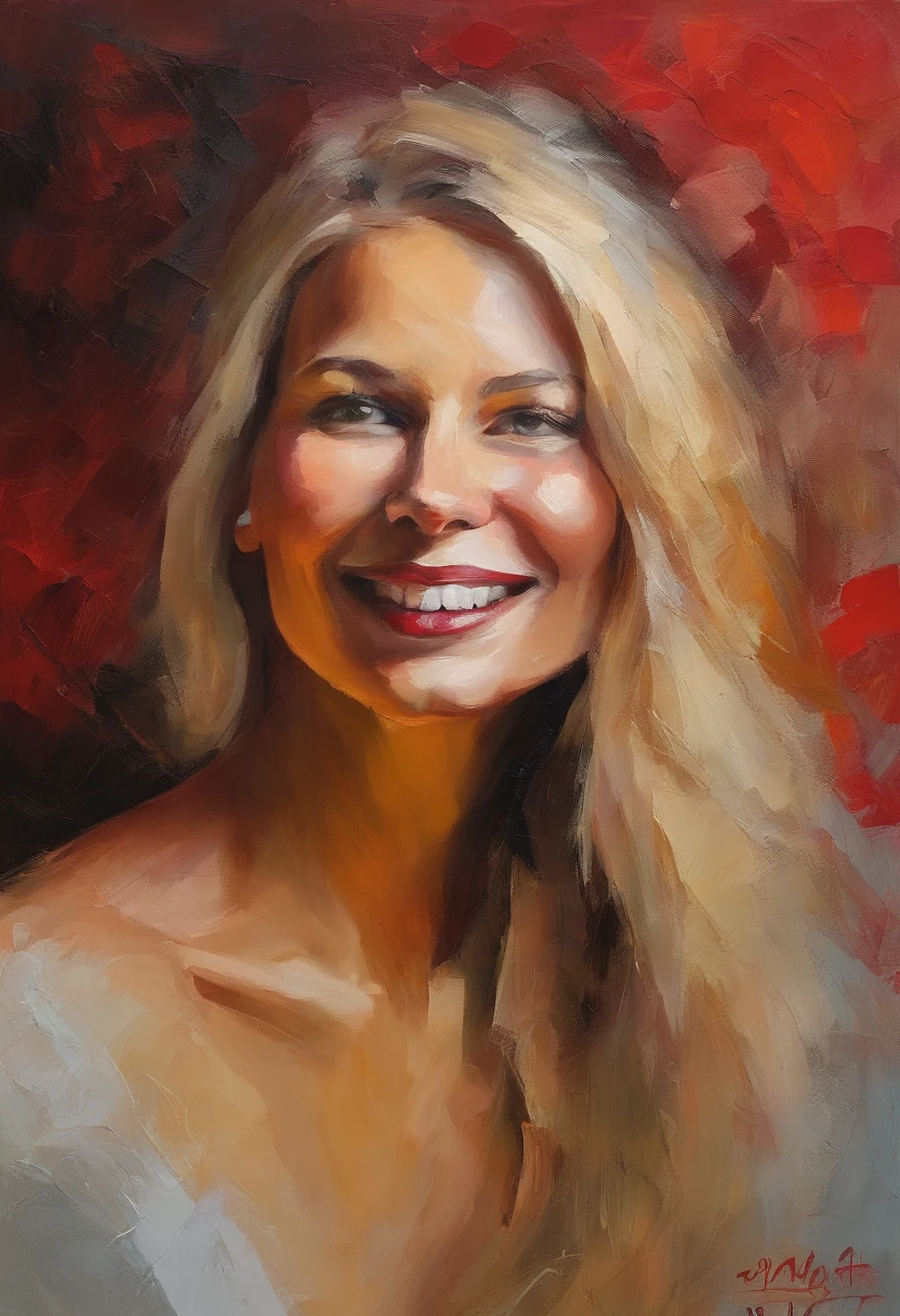 Female portrait, beautiful Nordic woman, long blond hair, smiling eyes, looking at camera, smiling mouth, low cut red dress, acrylic painting, bold and expressive brushwork, impressionistic style, detailed face, epic surreal background, heavy brushstrokes with thick textured paint, expert lighting and shadows, high contrast, fine art painting,