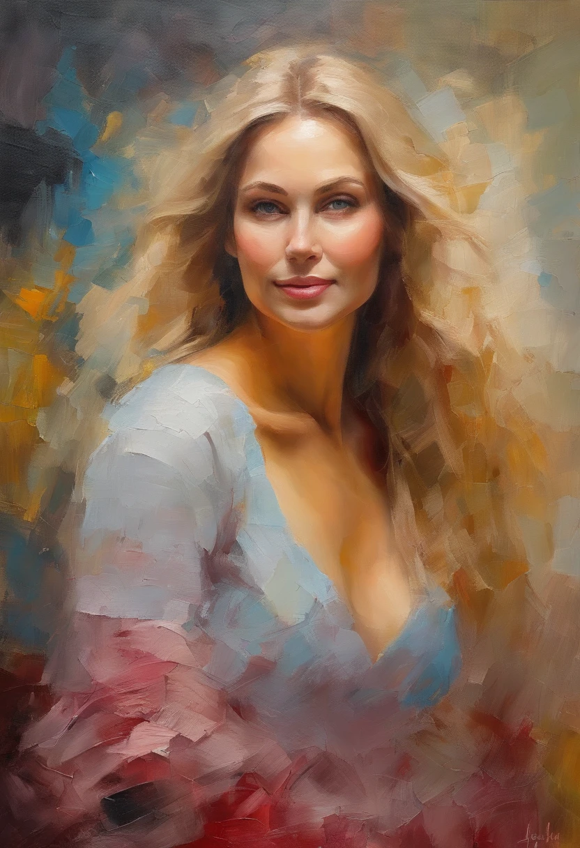 Female portrait, beautiful Nordic woman, long blond hair, smiling eyes, looking at camera, smiling mouth, low cut red dress, acrylic painting, bold and expressive brushwork, impressionistic style, detailed face, epic surreal background, very heavy brushstrokes with thick textured paint, expert lighting and shadows, high contrast, fine art painting, Junyi Liu.