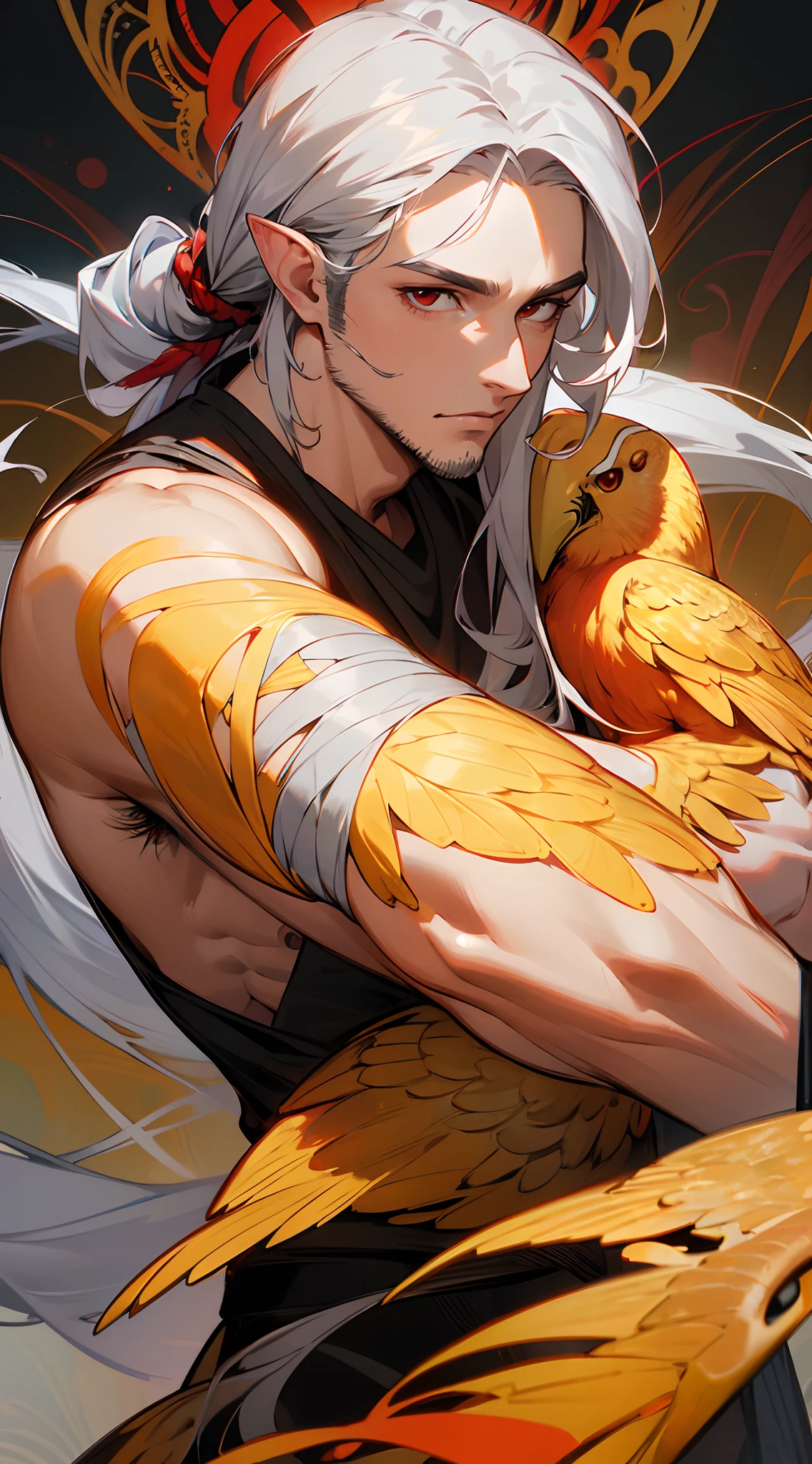 Aarakocra, com asas azuis, com um cajado dourado, uma arma na cintura, uma camisa preta colada, long gray pants, cabelos pretos, olhos preto, musculoso, shape em v, homem parecido com mulher