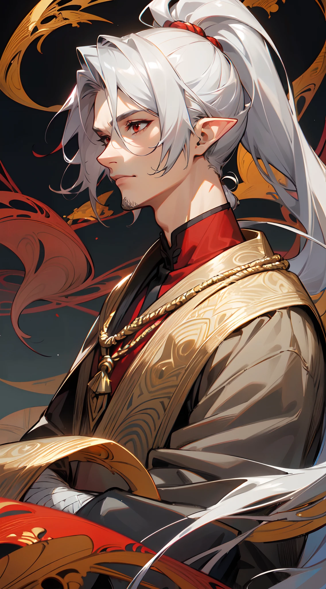 realistic, (masterpiece, top quality, best quality, official art, beautiful and aesthetic:1.2), extremely detailed,fractal art,colorful,highest detailed,zentangle,(abstract background:1.3)
, (golden birds), close up head shot , Handsome man, ((gray stubble :1.1)) , red eyes , elf ears , extremely long hair , ((silver hair)) , hair in a ponytail, lean , muscular ,((male:2 )), age 41,
, bandages around arms , hair in a ponytail, red tassels accessories,