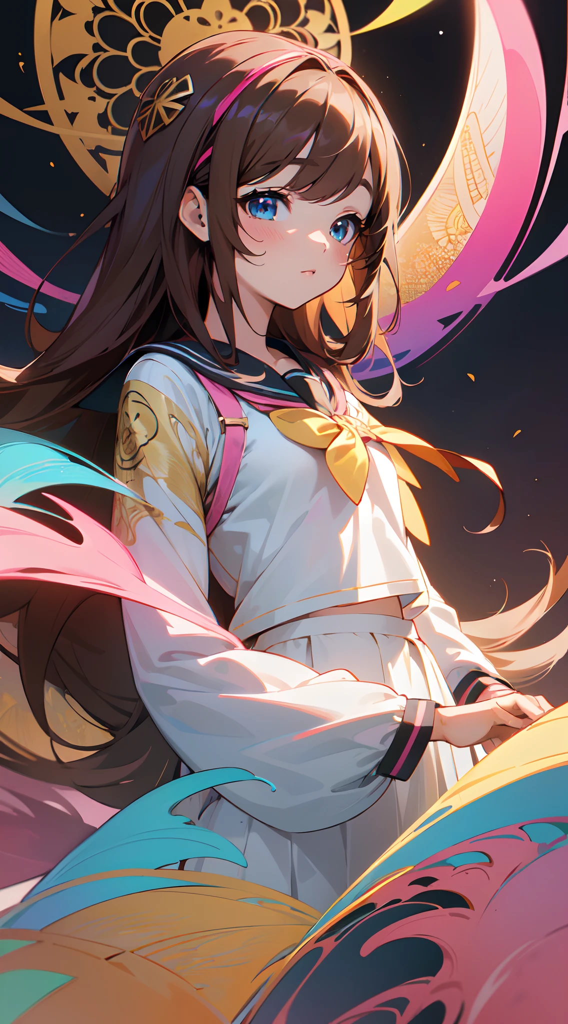 realistic,  (masterpiece, top quality, best quality, official art, beautiful and aesthetic:1.2), extremely detailed,fractal art,colorful,highest detailed,zentangle,(abstract background:1.3)
, (golden birds), close up head shot , Beautiful hair , Kizuna Ai, long hair , brown hair , blue eyes , pink down on her head , blush . Age 20,

Wearing Kizuna Ai outfit , white sailor suit , mid drift , black trim , pink detail,