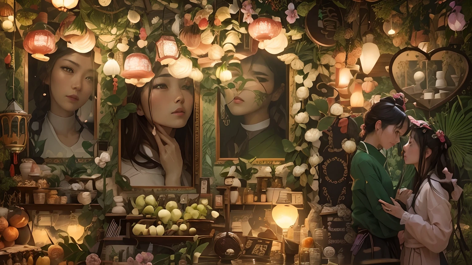 Masterpiece, Best quality, Daytime, Outdoor, Water's Edge, festivity, celebrating, A woman who is, Mature woman, Chinese style, Ancient China, sister, Imperial sister, Cold expression, Expressionless face, Dark brown hair, Green eyes, Single strips of fried dough twisted braid, Coiled hair, Double ball head, Green clothes, Light pink lips, calm, Intellectual, Media distribution, Hairpin, doctor, herbal medicine