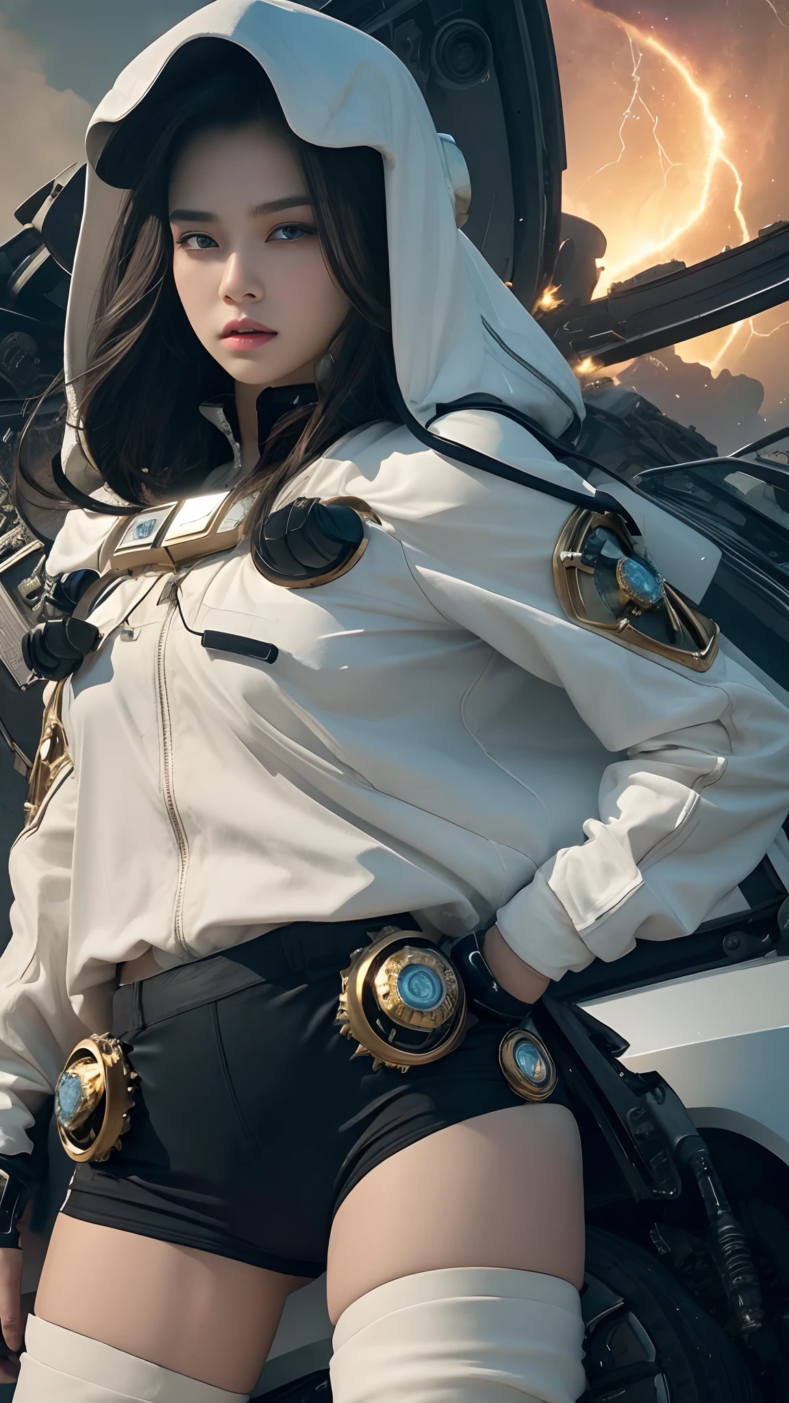realistic visual effects,attractive beautiful,dramatic contrast,Gentle lighting,Delicate warmth,the soft light,hyper HD,Extremely colorful,best qualityer,Snow-whiteskin,8K high quality,Sexy goddess,A pair of big eyes are beautiful and moving,White skin,Makeup,Sexy outfit,Armed with futuristic modern weapons,gold;jewely;Blue Electric,【Background with】Large gears,Large gears,Doomsday ruins,Giant tornado,Strange sky,Lightning Thunder,The setting sun burns the dark clouds,Multiple planets,The end of the world,Multiple planets,Mards,Jupiter,Mercury,Strange sky,Giant Tornado ultra-futuristic car,Cool headlights。