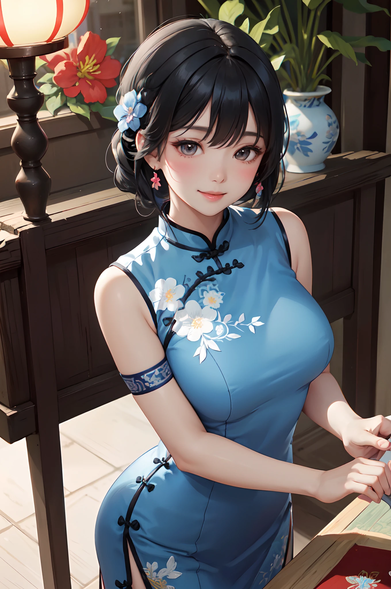 1lady solo, /(blue cheongsam with floral embroidery/), /(black hair/) bangs, blush kind smile, (masterpiece best quality:1.2) delicate illustration ultra-detailed, large breasts BREAK /(streets of China/) night