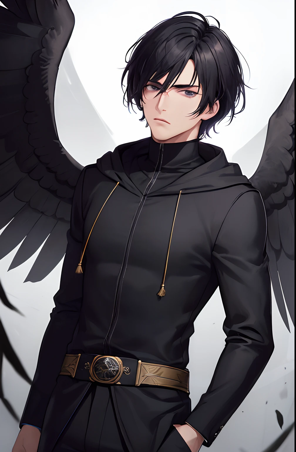 kk, best quality, more details, masterpiece, 1man, 30 years old, male focus, solo, black background, bangs, Eagle bird symbol on background, An assassin man in a black hooded suit, black eyes mask, purple eyes, eyes emit lightsharp look, short hair, black hair, looking at viewer, luxurious, 8k, detailed, ray tracing, depth of field, cinematic lighting, Simple black lines, simplified.