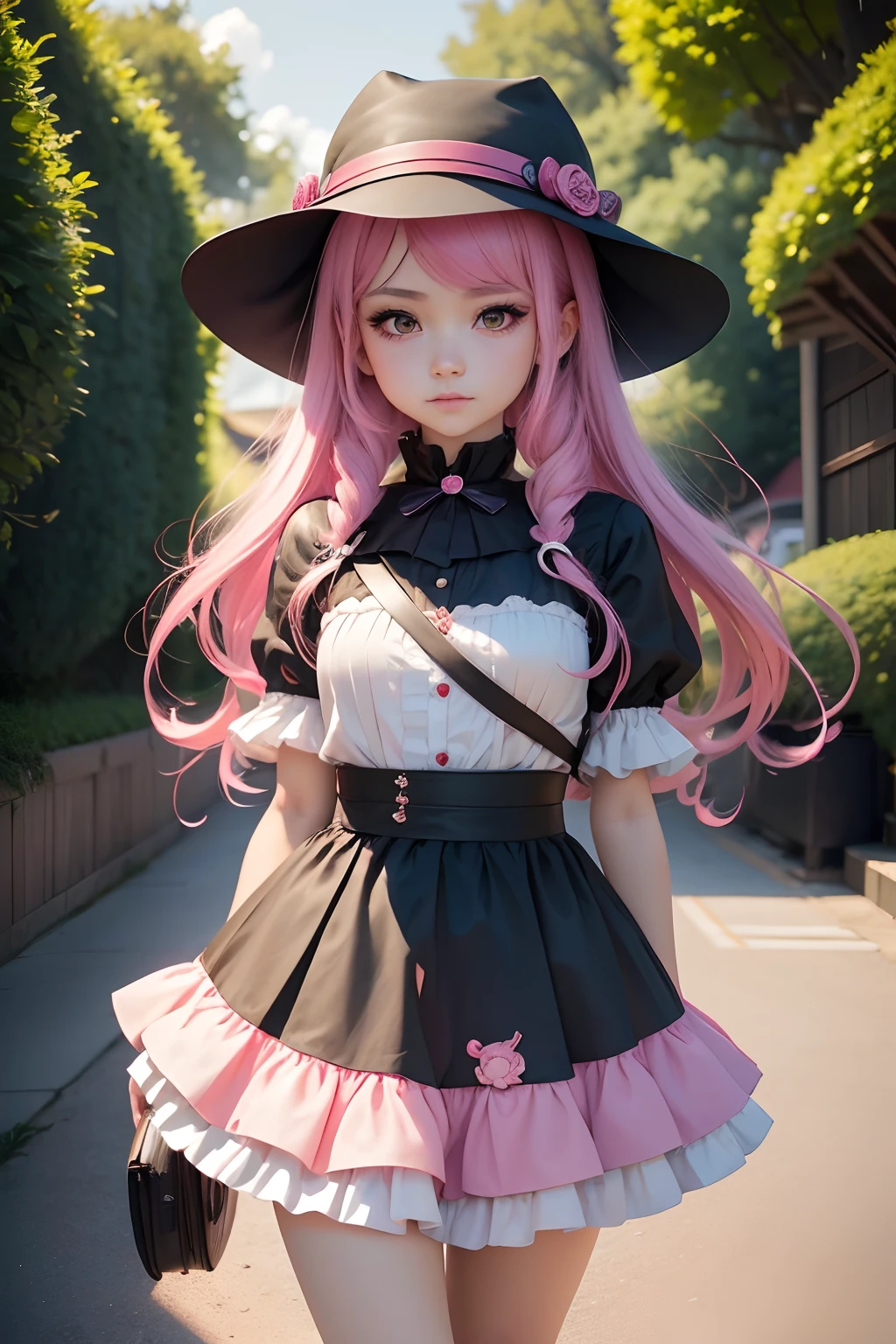 there is a young girl with pink hair wearing a black hat, anime girl in real life, anime girl cosplay, luts, kawaii realistic portrait, realistic young anime girl, artwork in the style of guweiz, hyper realistic anime, anime style mixed with fujifilm, portrait of magical lolita girl, small curvy loli, anime style. 8k, cute kawaii girl