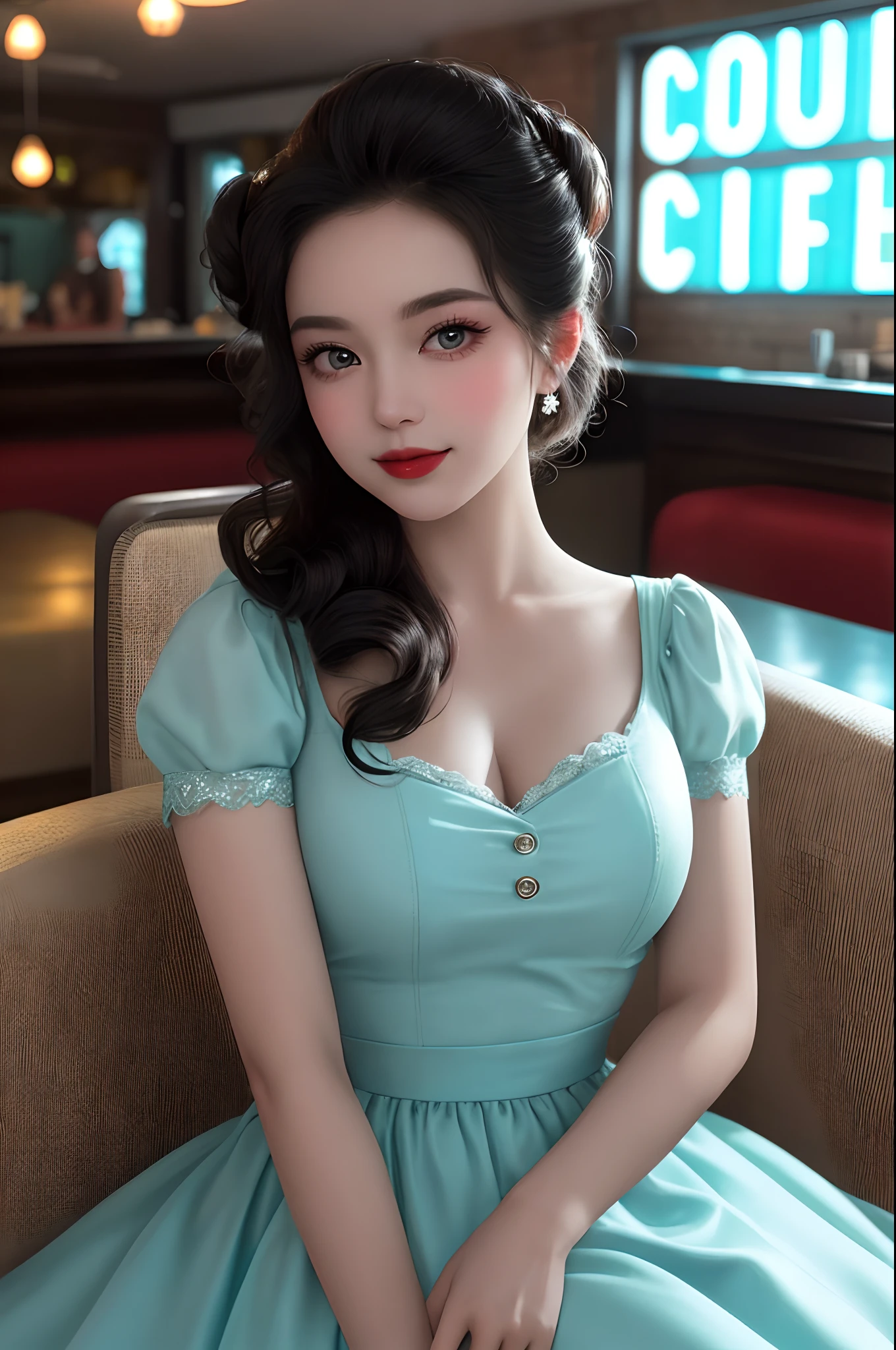 (couple cuddling),2girls dressed in a 1950s-inspired dress, complete with a full skirt and petticoat, her hair styled in classic pin curls. She should be seated at an old-fashioned diner, surrounded by vintage details like a jukebox, chrome accents, and neon signs. Her eyes should be sparkling with excitement, her skin flawless and glowing under the soft, dramatic lighting. This scene should be captured on 35mm film, with a beautiful depth of field and a slightly blurry, nostalgic background,
filmg,