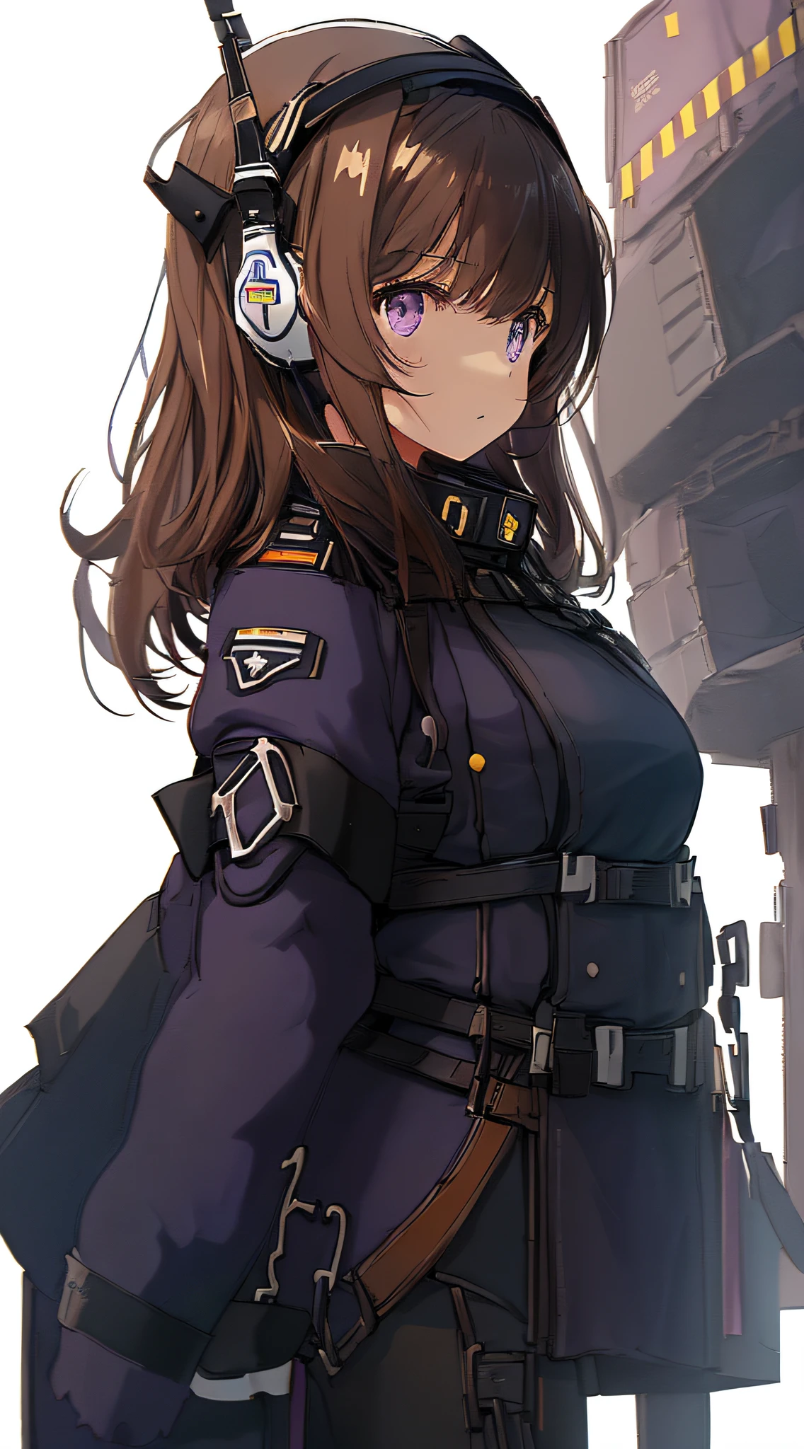 1girl, young girl, solo, a drawing of an android girl, (((loli))), ((short height)), (breasts), (((long brown hair))), ((side parted front hair)), ((purple eyes)), shy expression, (((((black and dark blue military officer uniform))))), ((fighter pilot harness)), ((headset)), ((((((white background)))))), (((no object decorations))), (standing towards viewer), (looking towards viewer), sci-fi, futuristic