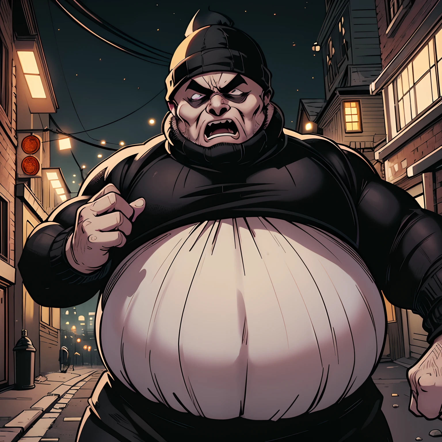 fat man, robber, wearing a black sweater, black beanie hat, bald, creepy face, scared, scream, gotham city alley background, night time