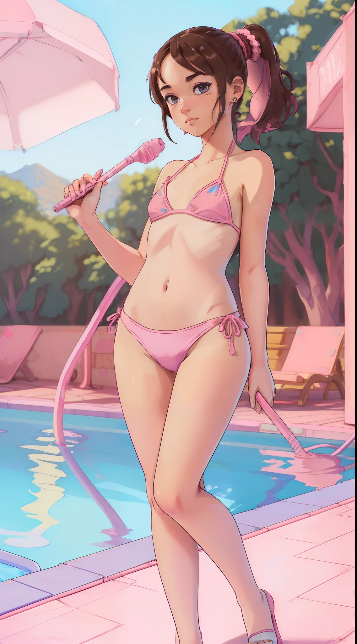 dkttlr undefined adult, ((18 years old)), ((superb animation)), ((cute )), blue eyes, ((highest beauty)), ((tiny pink bikini)), brilliant colors, digital art, ((smug)), ((Malena Morgan)), facing viewer, ((highly detailed art)), Highest quality, masterpiece, (wild girl), shader, , ((poolside)), ((crisp lighting)), Highly detailed, masterpiece, ((toon style)), ((style by personalami), full body view, ponytail, ((brunette)), full body, ((blurry background)), fine, realistic, shaded, lighting, ilya, kuvshinov, katsuhiro, artgerm, jeremy, lipkin, michael, garmash detailed, radiant, light, detailed, intricate, environment