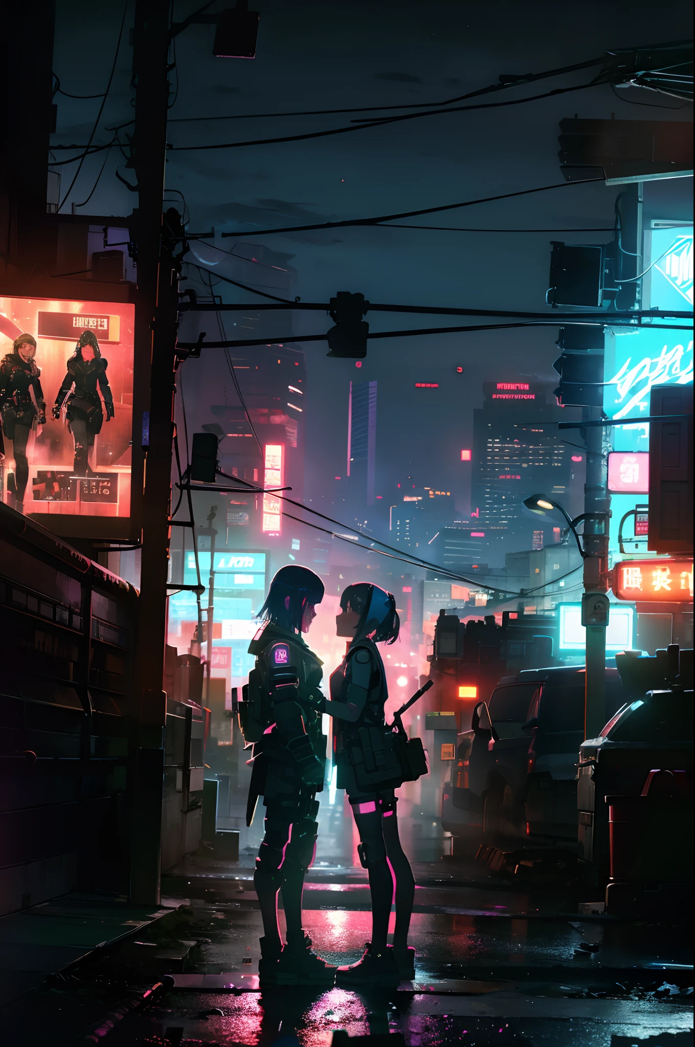 Two lesbian girls kiss (hide their lips) about a dystopian, Post-apocalyptic city street, with an atomic bomb explosion on the horizon. noite escura, neon lights. estilo cyberpunk. imagem de alta qualidade