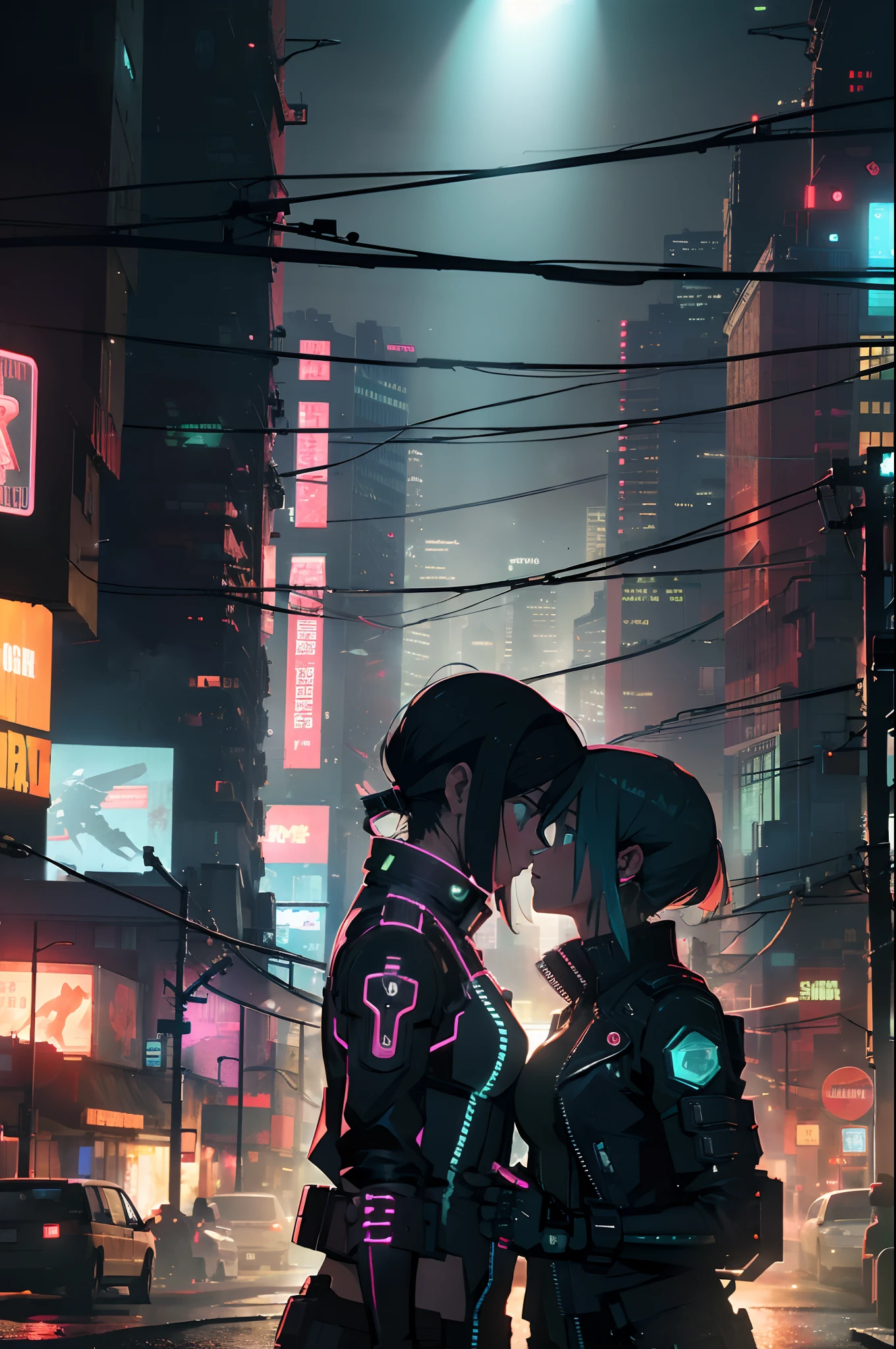 Two lesbian girls kiss (hide their lips) about a dystopian, Post-apocalyptic city street, with an atomic bomb explosion on the horizon. noite escura, neon lights. estilo cyberpunk. imagem de alta qualidade