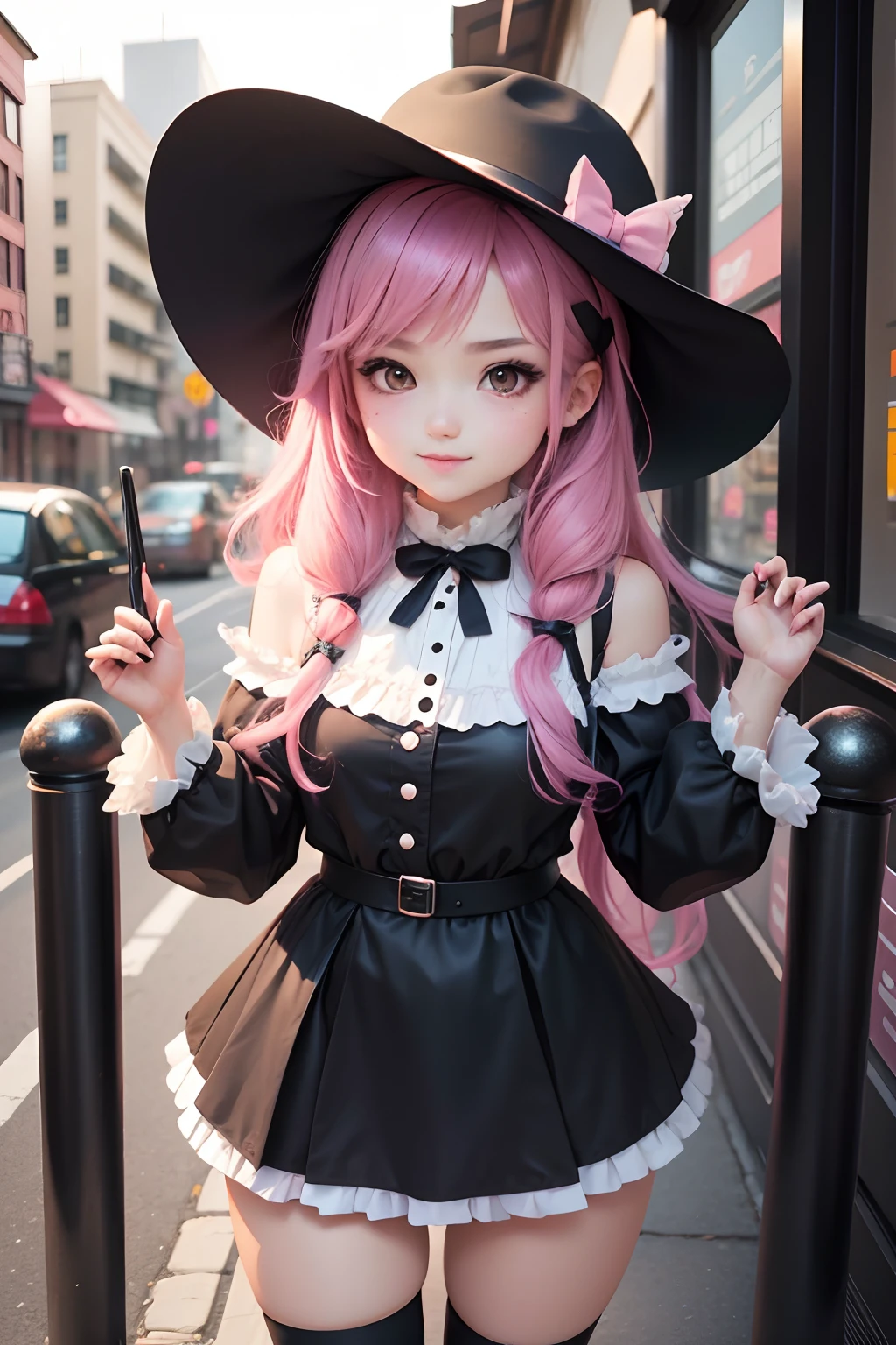 there is a young girl with pink hair wearing a black hat, cute smile, anime girl in real life, anime girl cosplay, luts, kawaii realistic portrait, realistic young anime girl, artwork in the style of guweiz, hyper realistic anime, anime style mixed with fujifilm, portrait of magical lolita girl, small curvy loli, anime style. 8k, cute kawaii girl