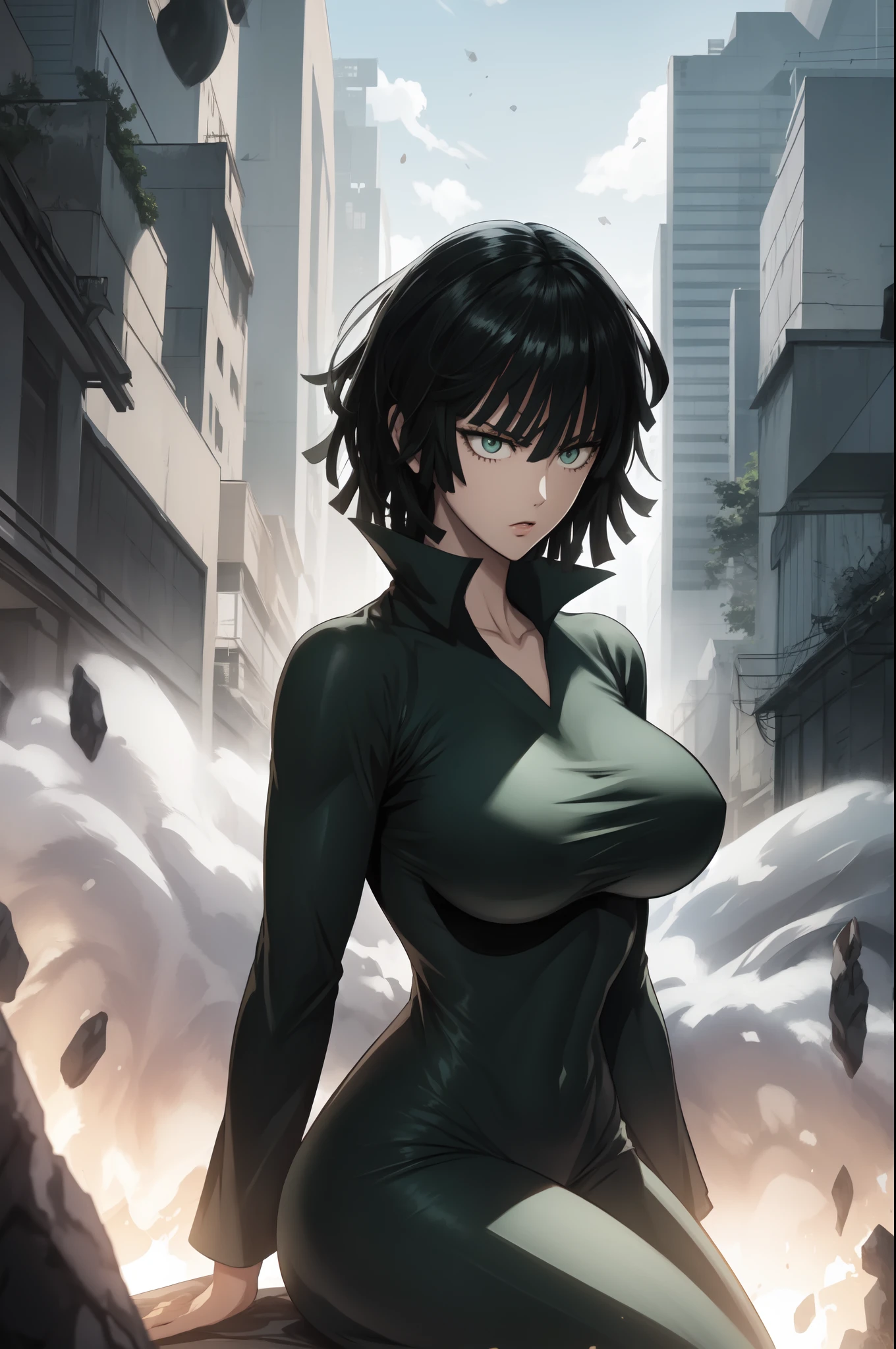 One punch man art style, yusuke murata art style, fubuki from one punch man, green eyes, short deep green hair, wearing black bodysuit, sitting on a destroyed city, cinematic shadow, cinematic fog, crow's in the sky,matured face, blushing, joyful expression, dynamic pose, big breast, big hips, full body view, big body, fat body,