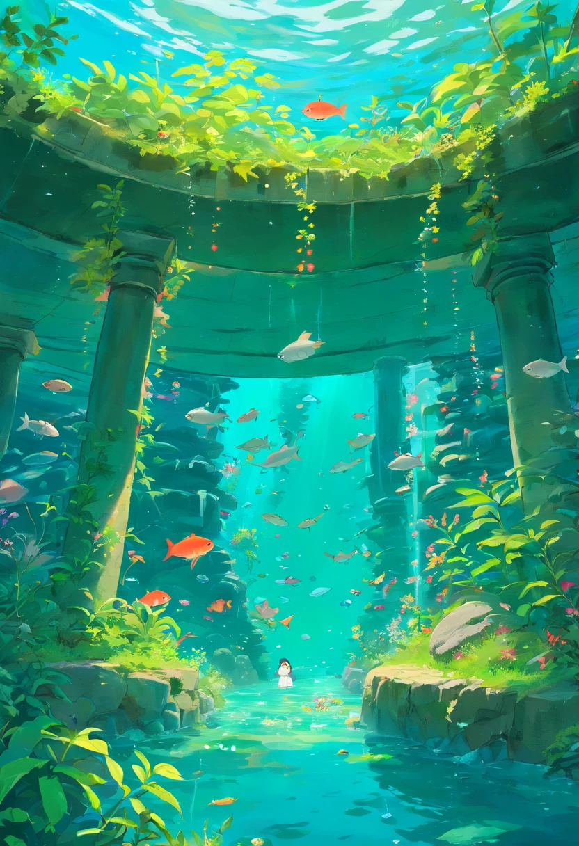 A pound, some small fishes under the water, some green plants growing outside of the pound, studio Ghibli anime style