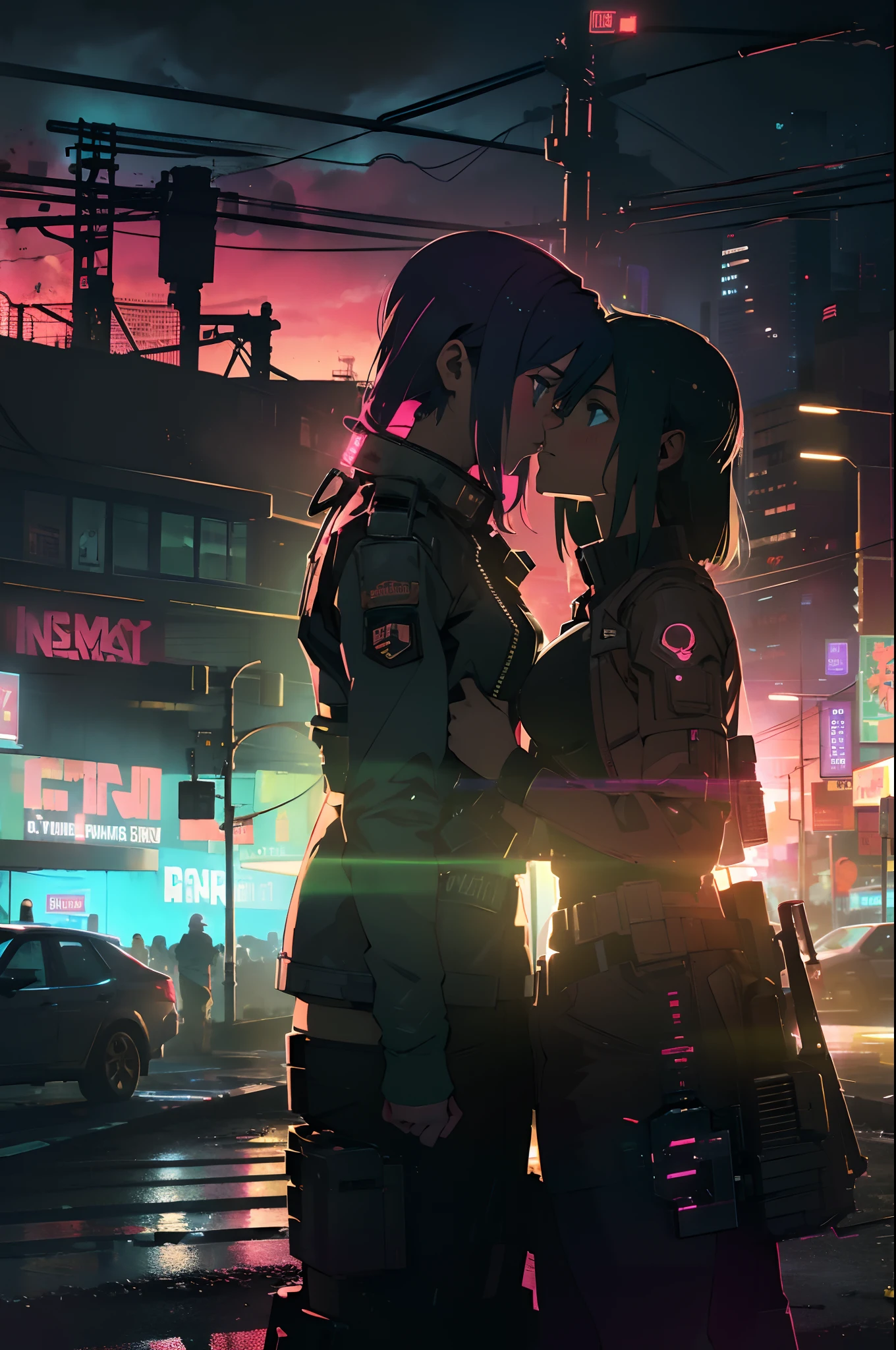 Two lesbian girls kiss (hide their lips) about a dystopian, Post-apocalyptic city street, with an atomic bomb explosion on the horizon. noite escura, neon lights. estilo cyberpunk. imagem de alta qualidade