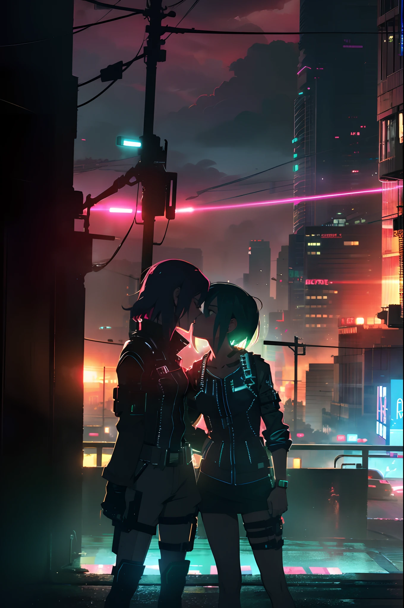 Two lesbian girls kiss (hide their lips) about a dystopian, Post-apocalyptic city street, with an atomic bomb explosion on the horizon. noite escura, neon lights. estilo cyberpunk. imagem de alta qualidade