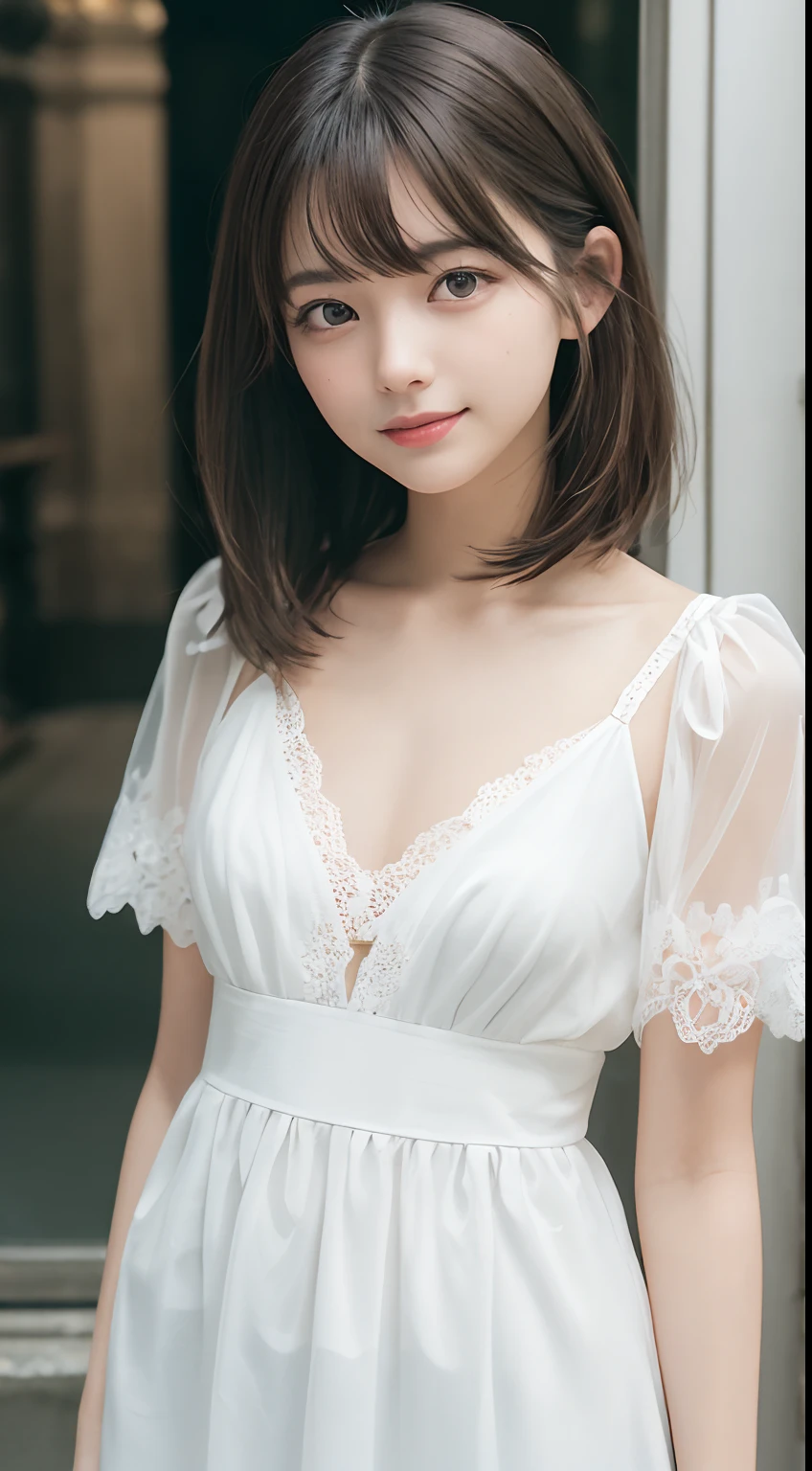 (Happy expression on face:1.26)、Raw photography、(((Ultimate Beauty Full Body Shooting)))、((glistning skin))、女の子1人、-yeld beiful girl in Prague、bright expression、((brown haired))、Lace dress、bending forward、big breasts thin waist、skinny thigh、Lush bust、Close one eye to the viewer、Short sleeve、((Big eyes that shine like jewels))、Glossy glossy skin、(Medium Hair:1.2)、No makeup、Beautiful bangs、Hair between the eyes、((masterpiece、top-quality、ultra-detailliert、Film Light、intricate-detail、hight resolution、ighly detailed))、细致背景、8KUHD、Digital SLR、Soft light、hightquality、Film grain、FujifilmXT3 、Shallow depth of field、natural soft light、Kamimei、