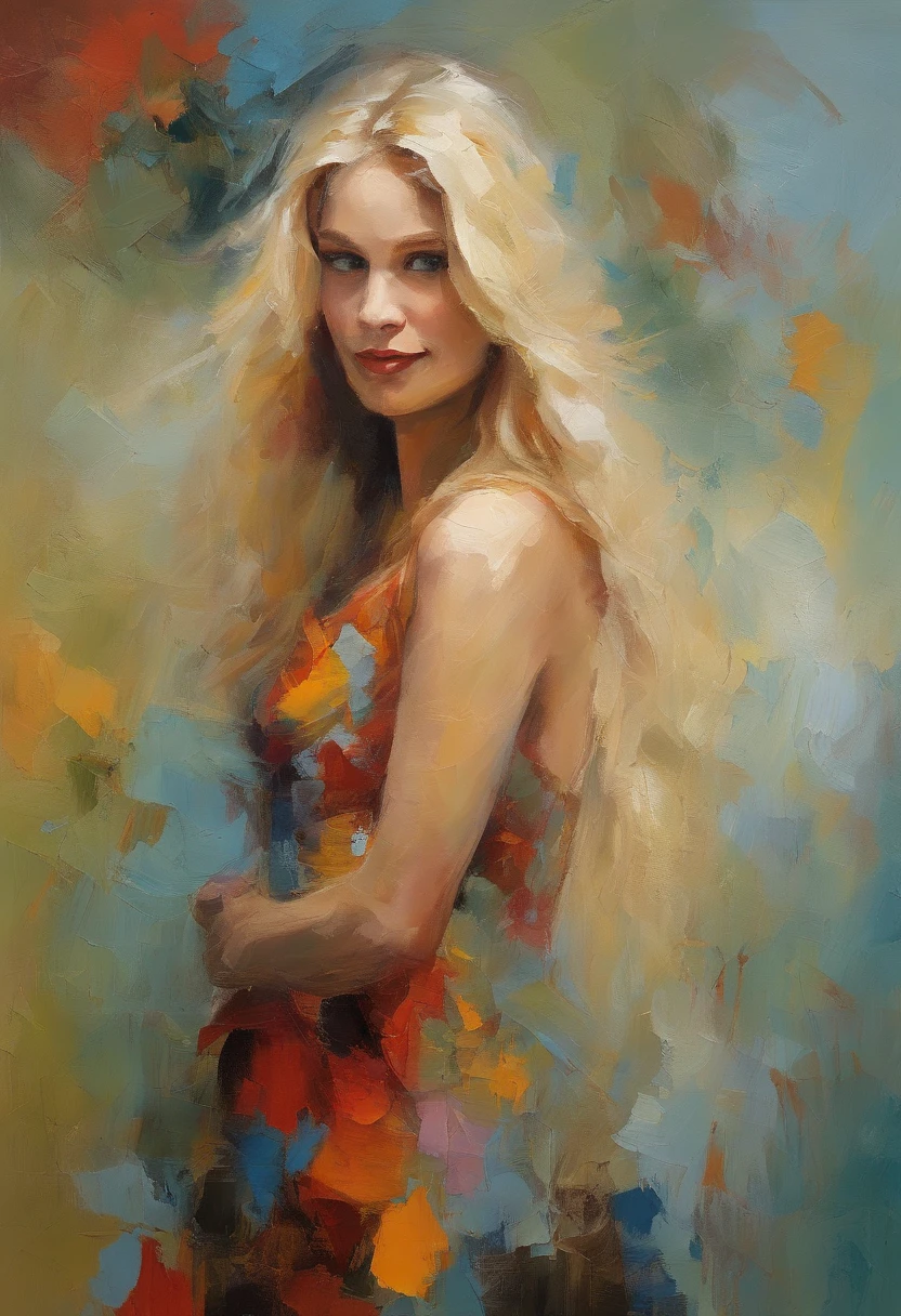 Female portrait, beautiful Nordic woman, long blond hair, smiling eyes, looking at camera, smiling mouth, low cut dress, acrylic painting, bold and expressive brushwork, impressionistic style, detailed face, epic surreal background, very heavy brushstrokes with thick textured paint, expert lighting and shadows, high contrast, fine art painting, Junyi Liu.