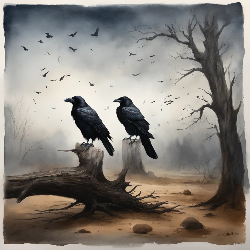 Two crows on a dead tree, A shadow shaped like a walker, Starry night, Thick fog on the ground, Blue light on the horizon, Unreal Engine 5, Cinematic, low angle photography, Motion blur, Depth of field, Dust, Cobblestones and dirt. Splash Art, dripping paint. Perfect color grading. Influenced by Karel Appel and Jeremy Mann, Full of dramatic and threatening scenes, Hyper-detailed, Beautiful, insanely details, Intricate details, editorial photography, shot with a 50mm lens, Depth of field, Tilt Blur, Shutter speed 1/1000, f/22. Lightmaps, Super bright